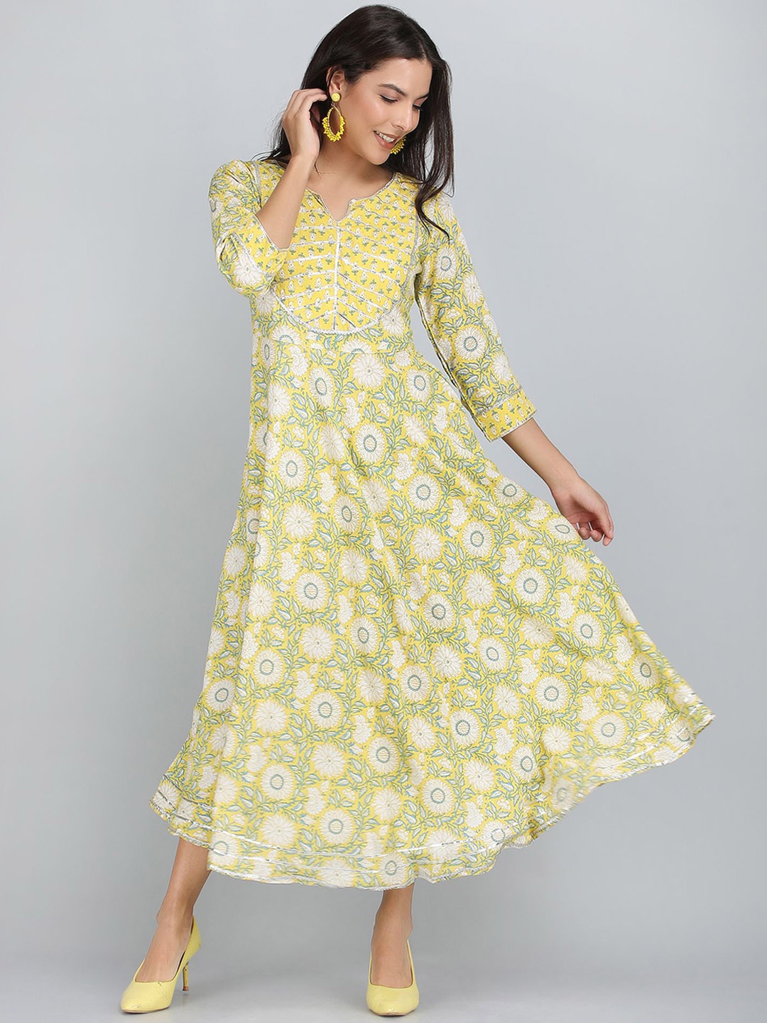 

Rubellite Floral Printed Notch Neck A Line Dress, Yellow