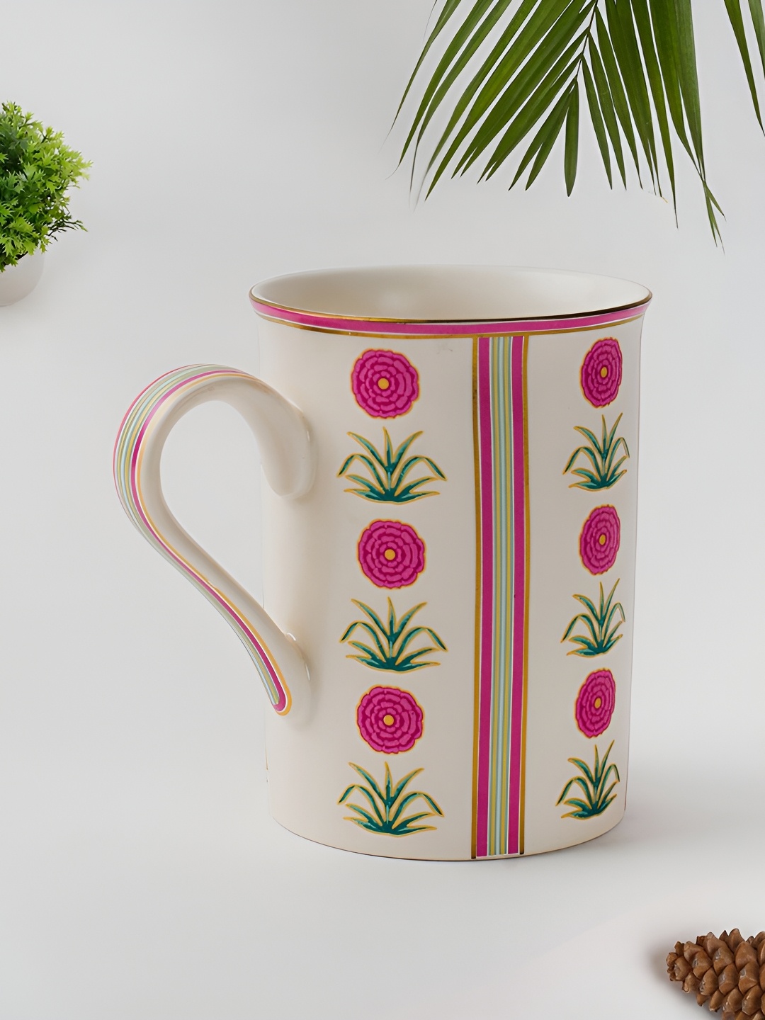 

Fabindia Adwaya White & Pink Floral Printed Glossy Ceramic Coffee Mug 300 ml