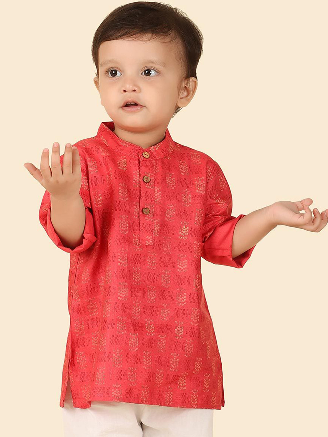 

Fabindia Boys Ethnic Motifs Printed Band Collar Straight Short Kurta, Coral