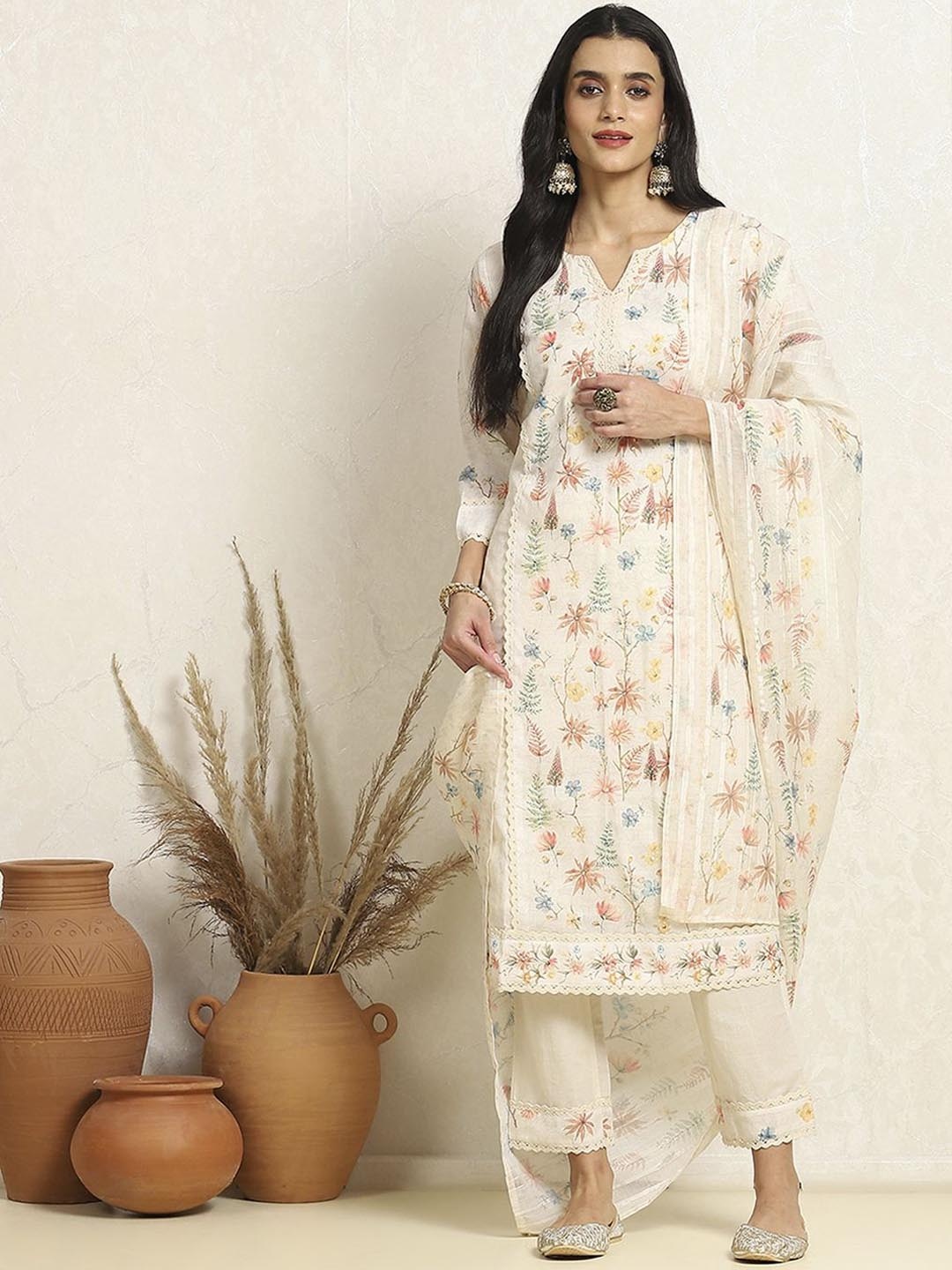 

Biba Floral Printed Beads and Stones Unstitched Dress Material, Off white