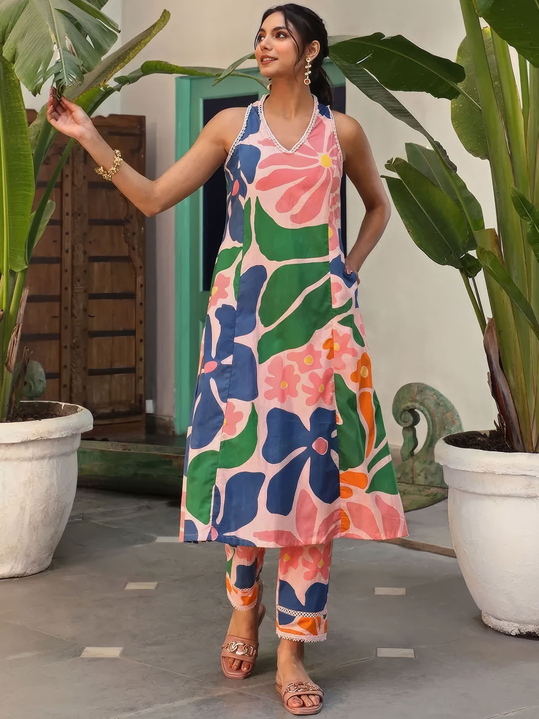 

FAB GALAXY Floral Printed V-Neck A-Line Kurta With Trousers, Pink