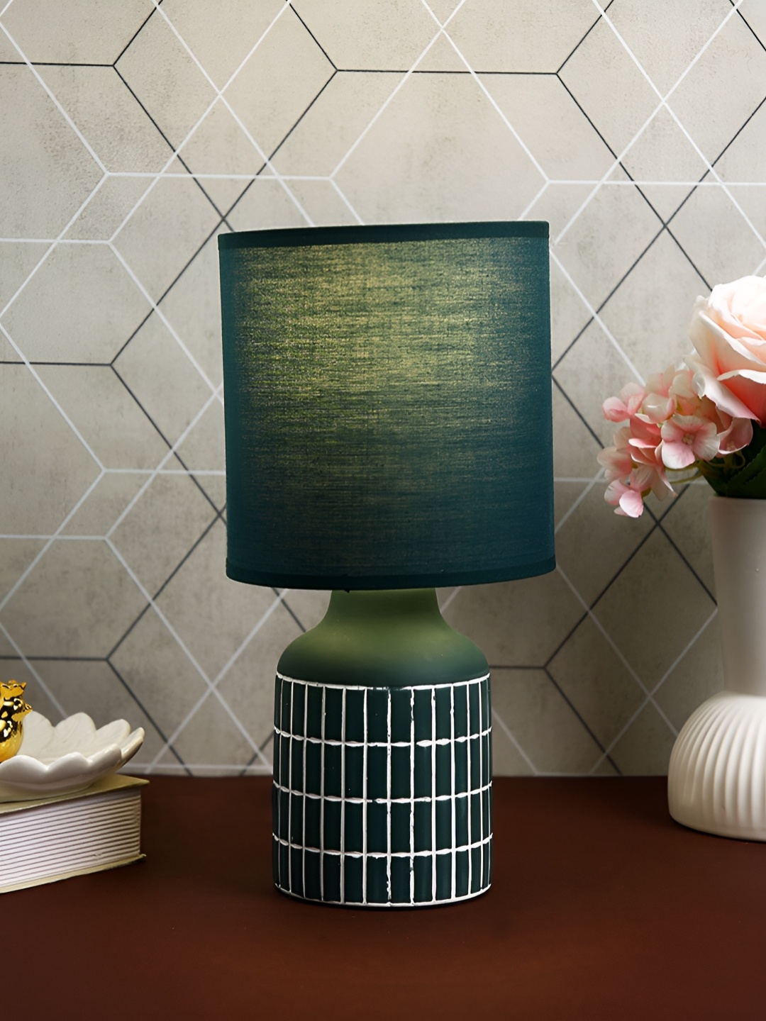 

TAYHAA Teal Contemporary Ceramic Cylindrical Shaped Table Lamp