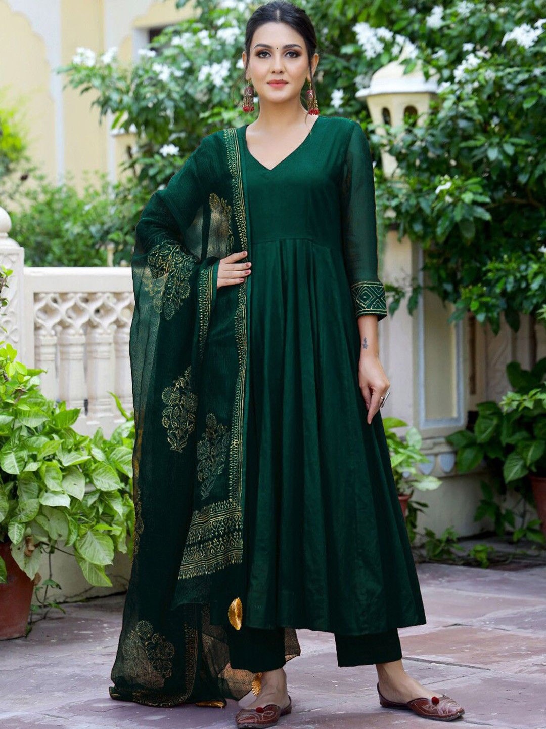 

Anni Designer V-Neck Regular Anarkali Kurta with Trousers & Dupatta, Green