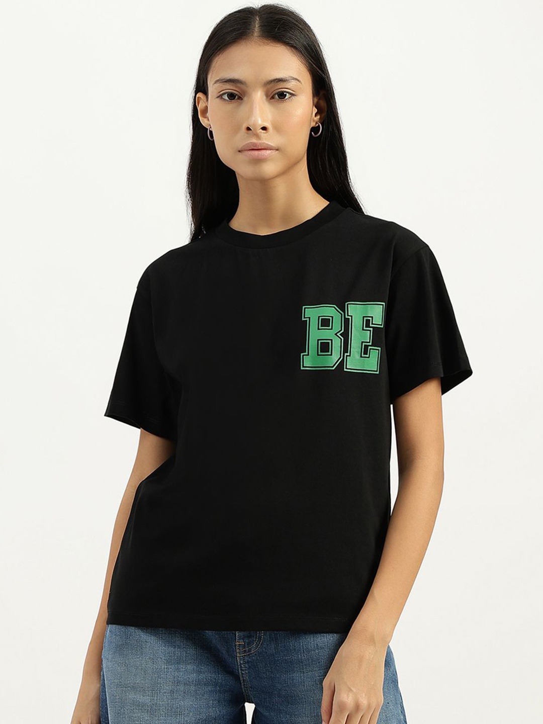 

United Colors of Benetton Women Typography Printed Round Neck Pure Cotton T-shirt, Black