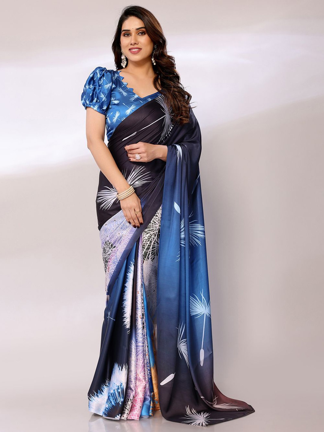 

FABMORA Floral Satin Saree, Blue