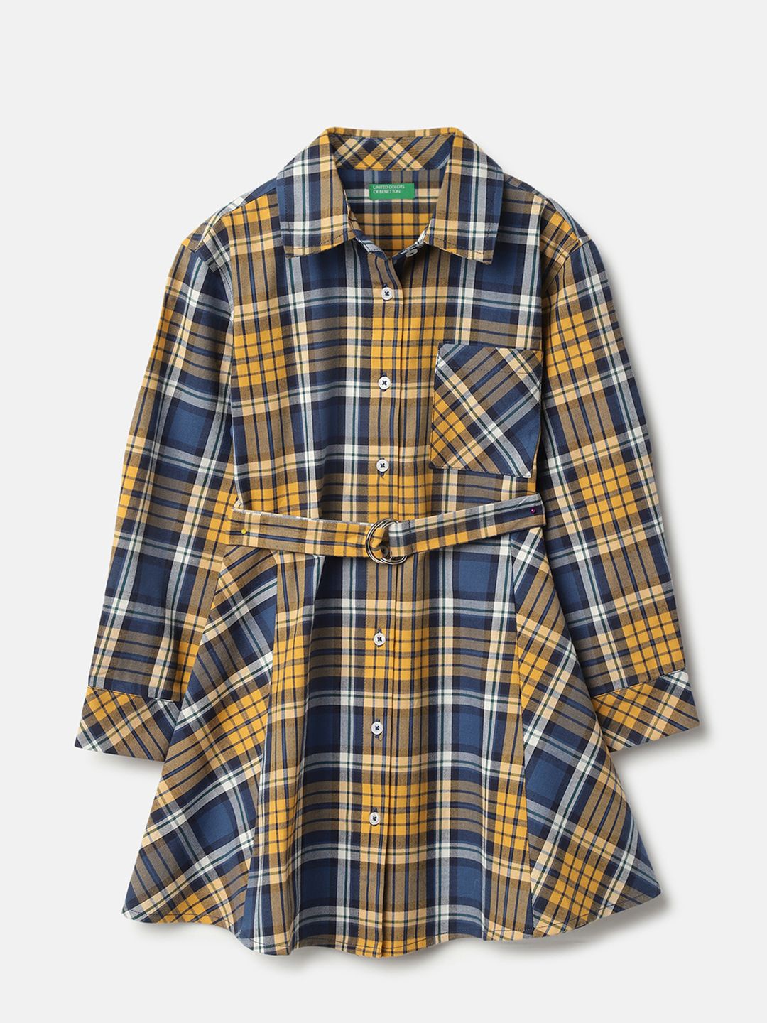 

United Colors of Benetton Girls Pure Cotton Checked Shirt Dress, Blue