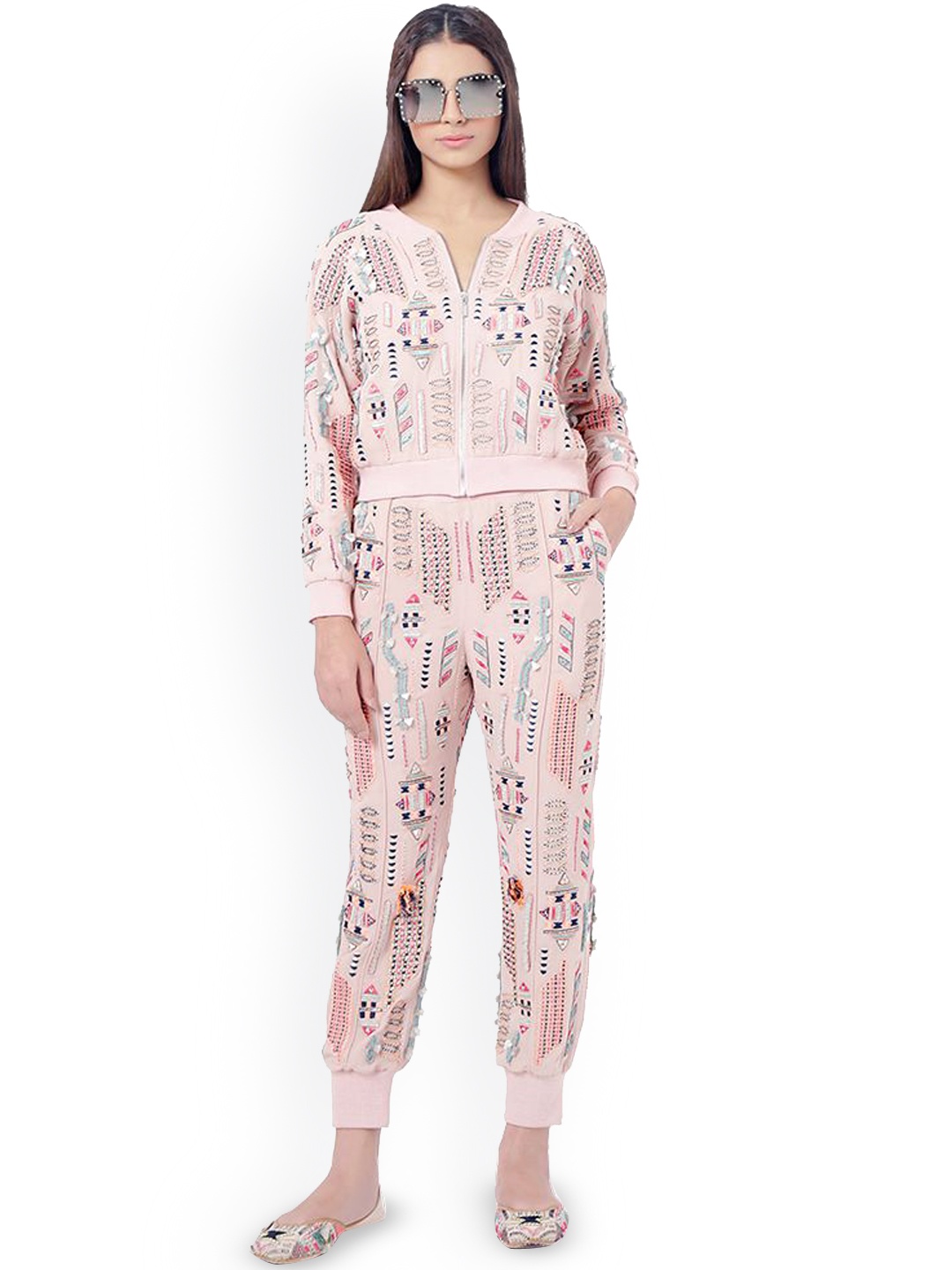 

Payal Singhal Women Embroidered Anti Odour Lightweight Bomber Jacket with Jogger Pants, Pink