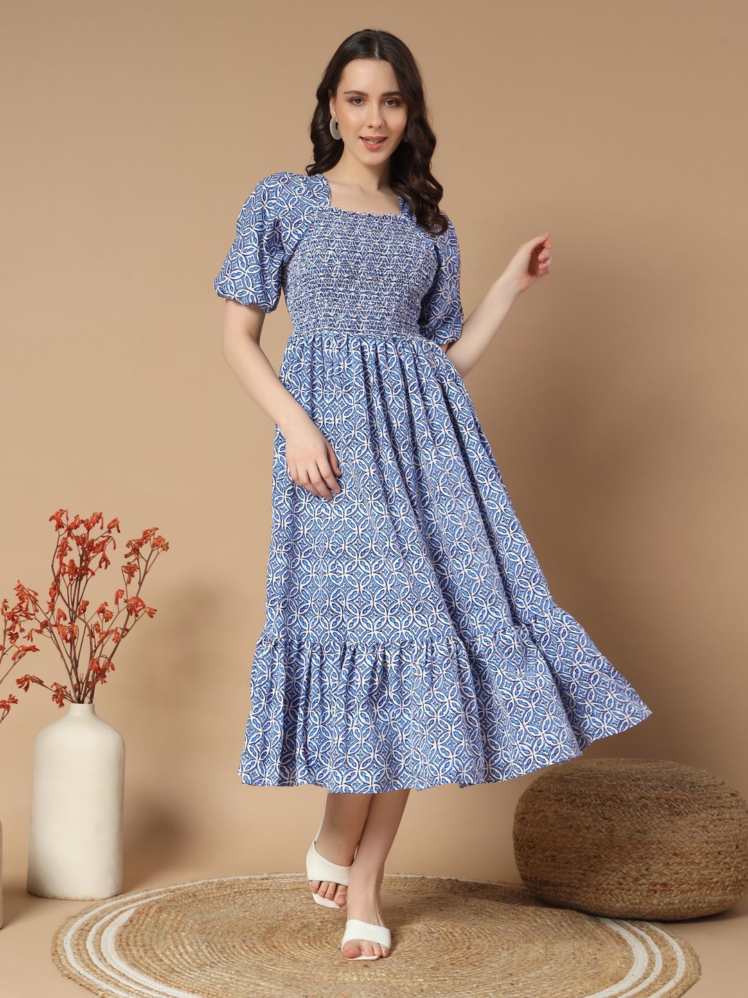 

OTABU Women Floral Printed Square Neck Puff Sleeve A-Line Dress, Turquoise blue