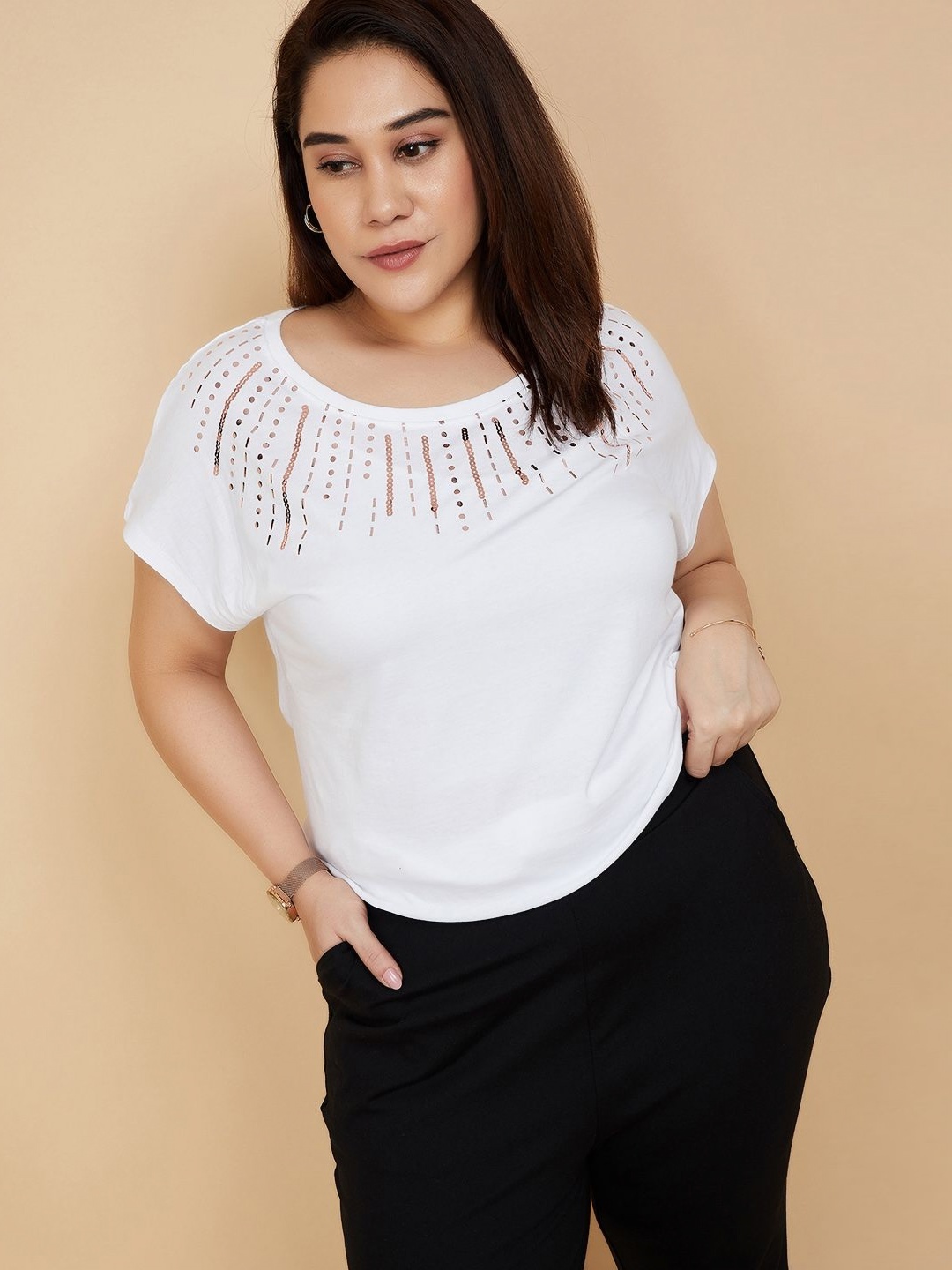 

max Women Abstract Printed Round Neck Cotton T-shirt, White