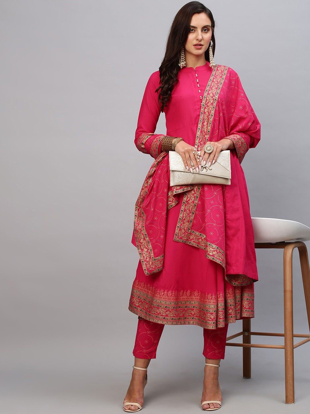 

Anni Designer Mandarin Collar Regular Anarkali Kurta with Trousers & Dupatta, Pink