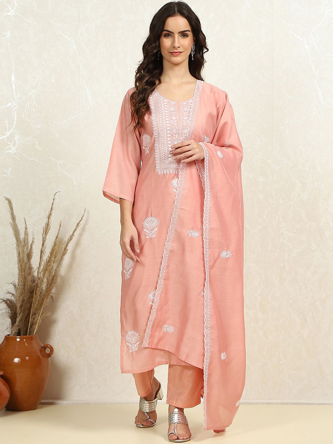 

Biba Floral Embroidered Unstitched Dress Material, Peach