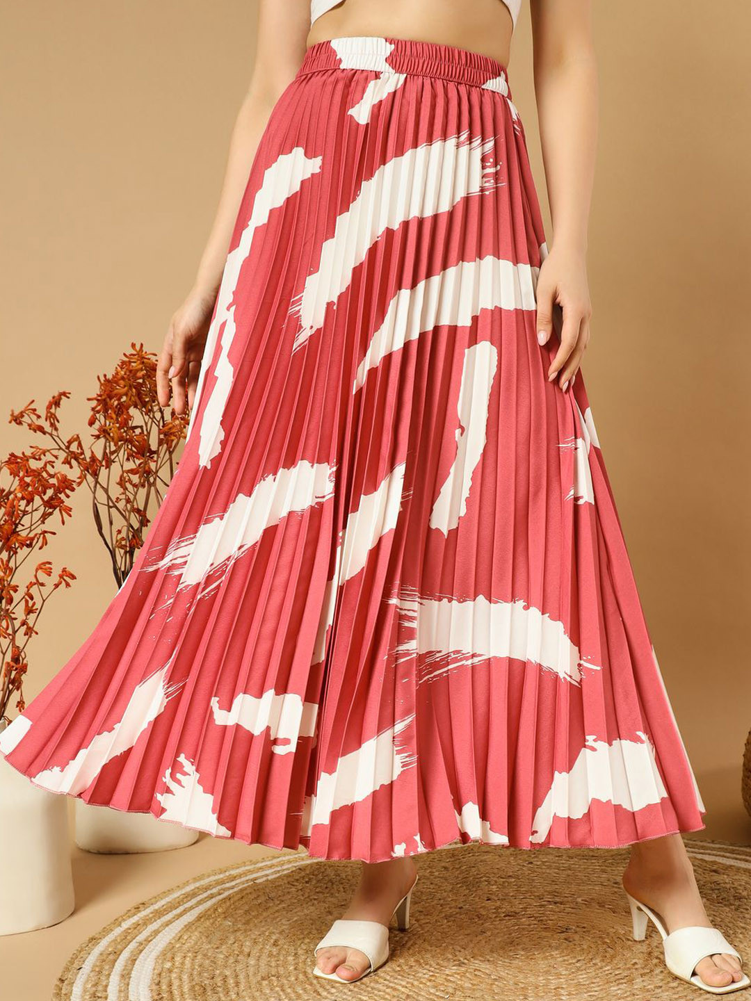 

OTABU Printed Pleated A-Line Maxi Skirt, Pink