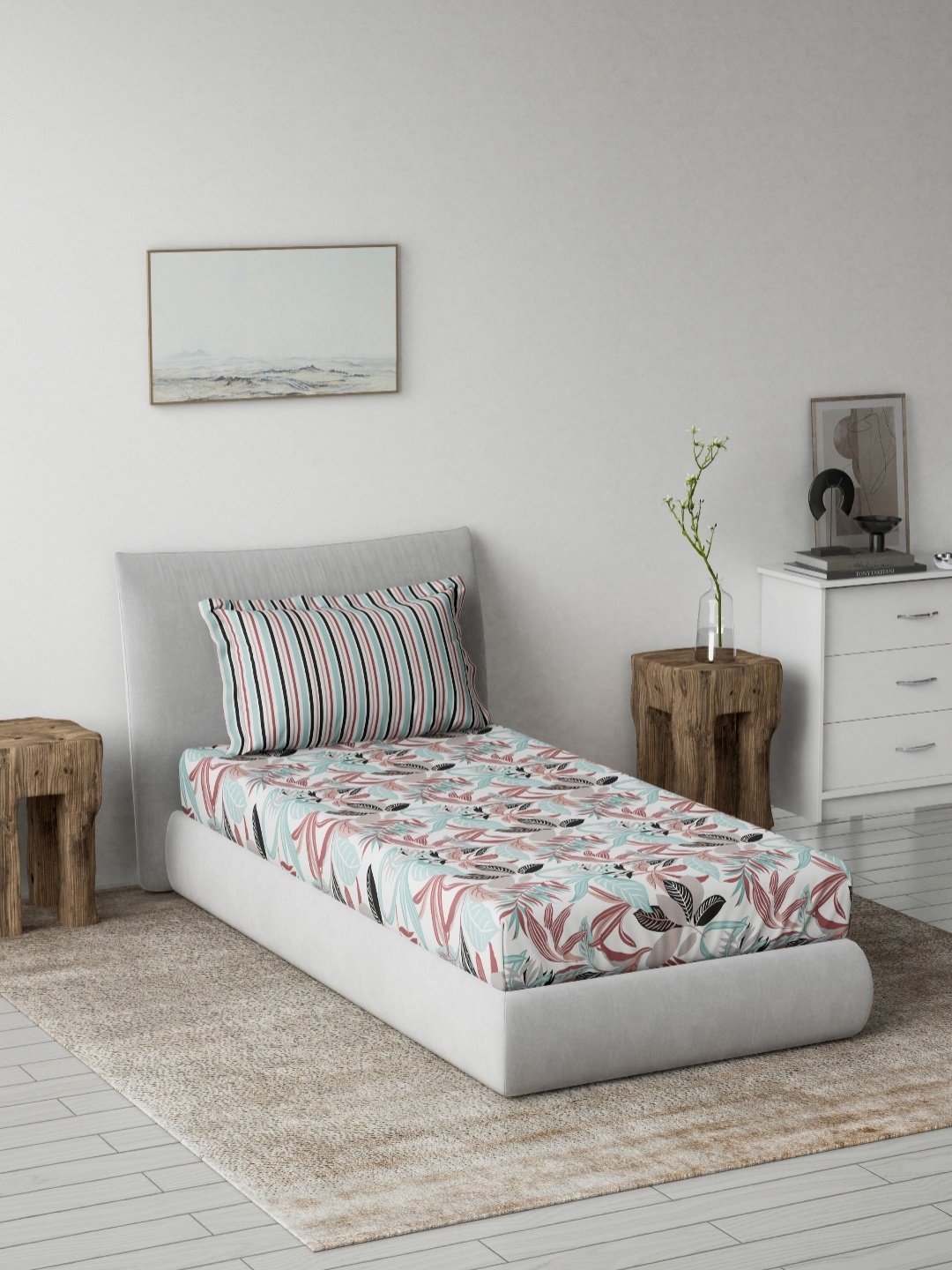 

Ddecor Live Beautiful Turquoise Blue Floral 145 TC Pure Cotton Printed Single Bedsheet Set