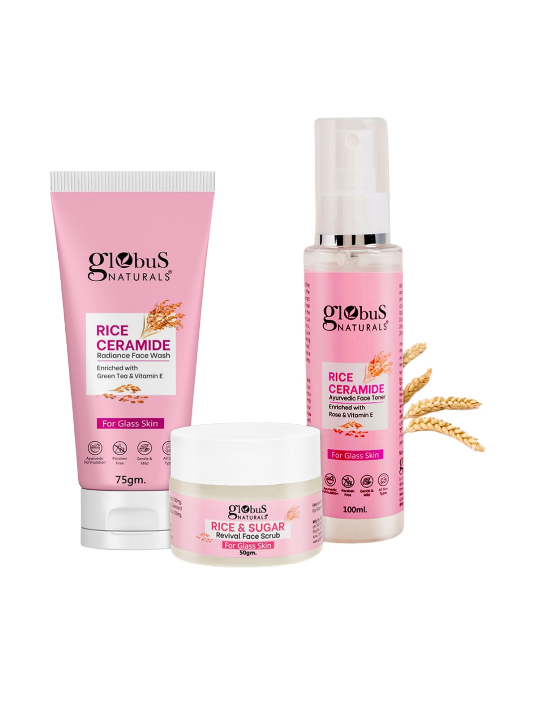 

Globus naturals Set Of 3 Rice Ceramid Face Toner -100ml Scrub-50g & Peel Off Mask-75g, Na