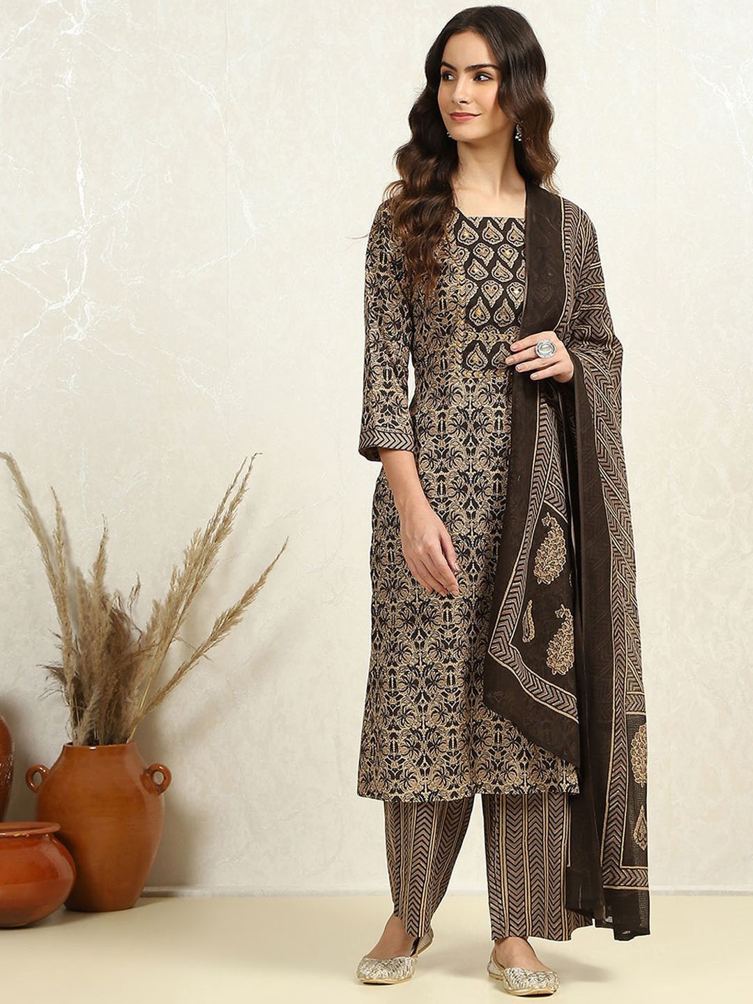 

Biba Floral Printed Pure Cotton Unstitched Dress Material, Gold