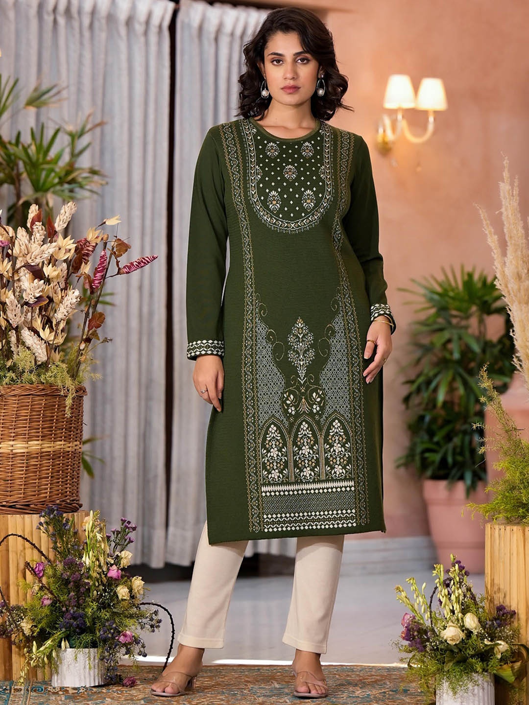 

Juniper Ethnic Motif Printed Winter Kurta, Olive