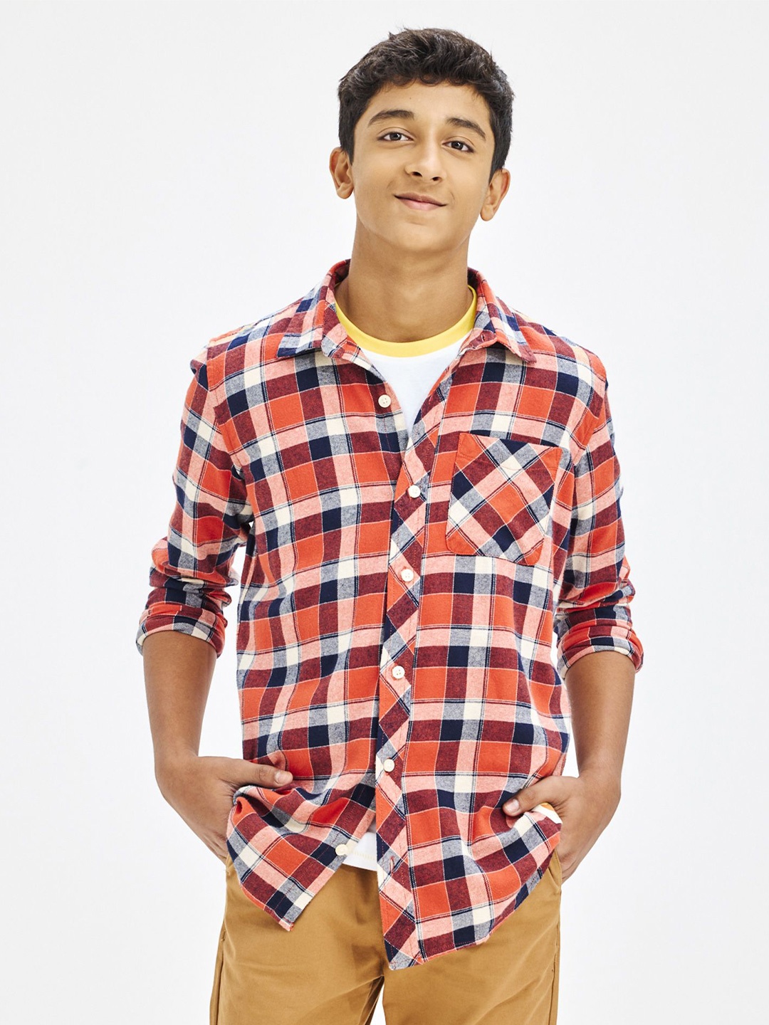 

NO MONDAYS Boys Relaxed Spread Collar Checked Cotton Casual Shirt, Red