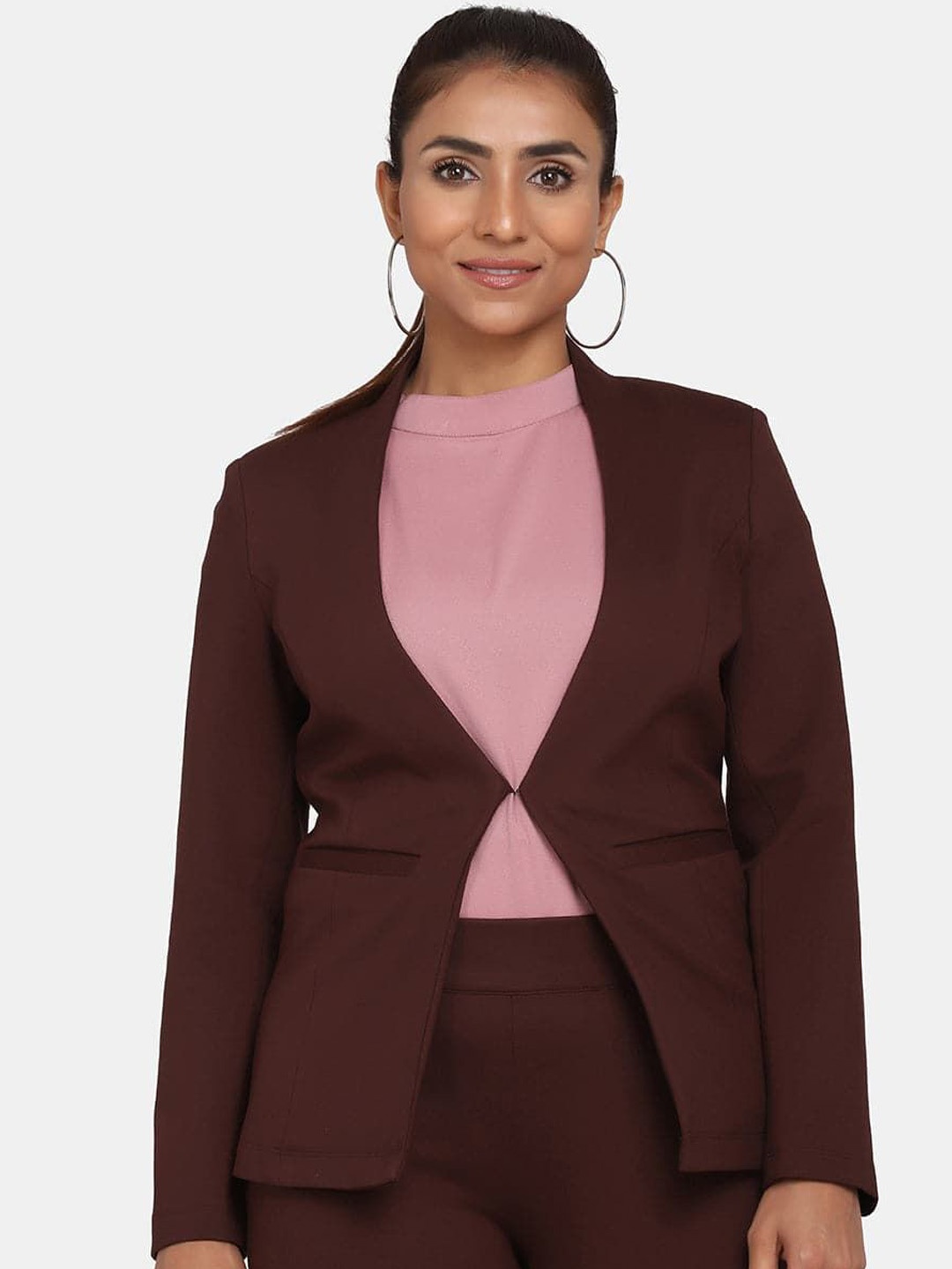 

PowerSutra Women Collarless Long Sleeves Tailored Jacket, Brown