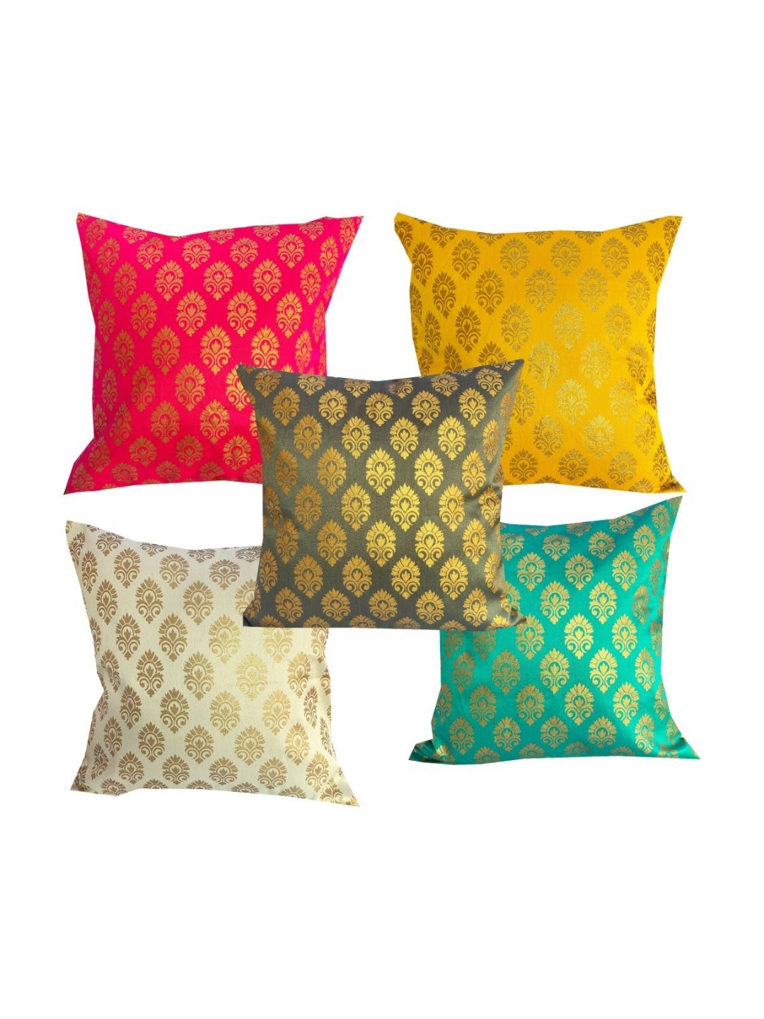 

Pink Parrot Green & Yellow 5 Pieces Ethnic Motifs Printed Jacquard Square Cushion Covers