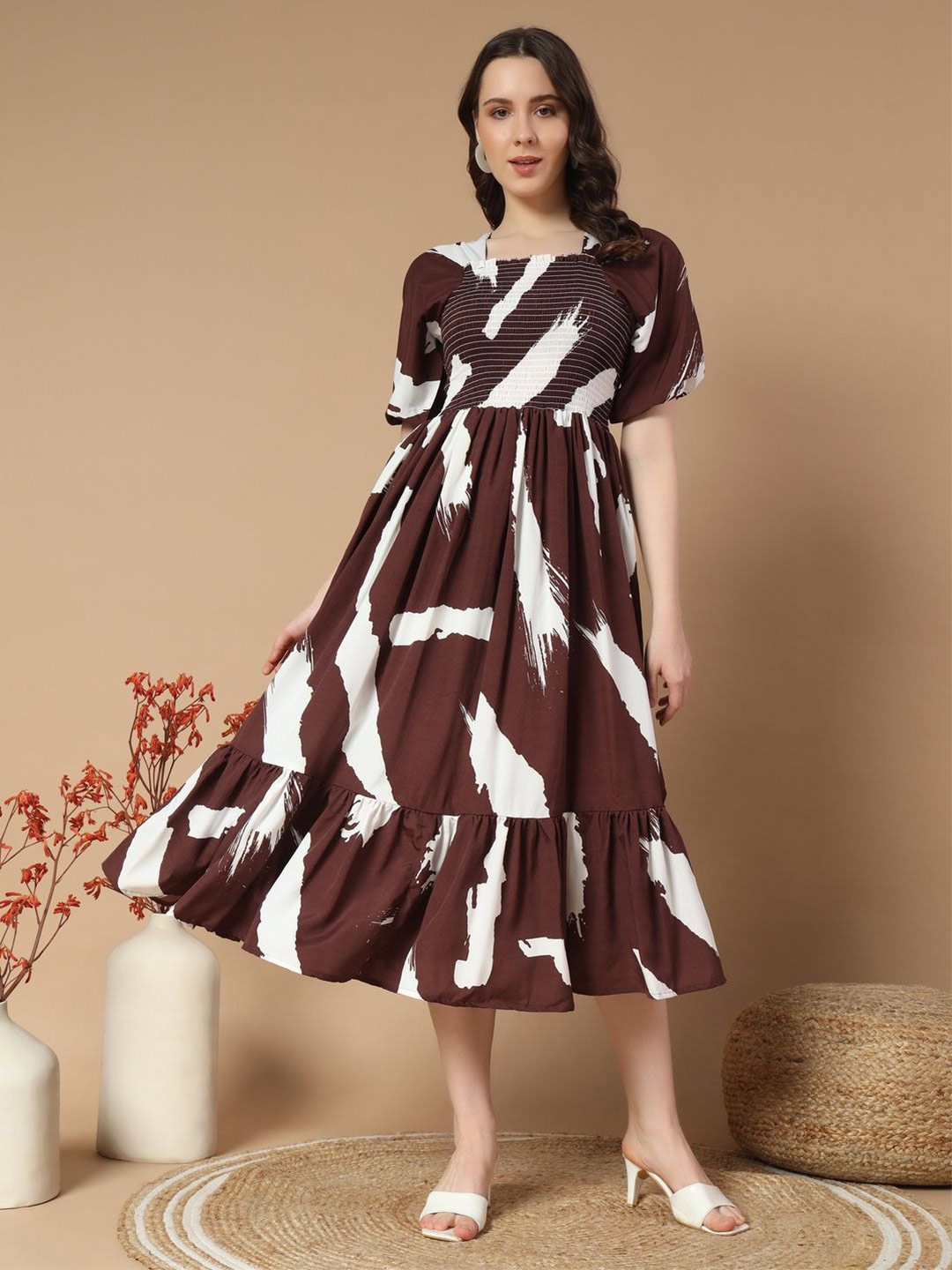 

OTABU Printed Puff Sleeve Smocked Crepe A-Line Midi Dress, Brown