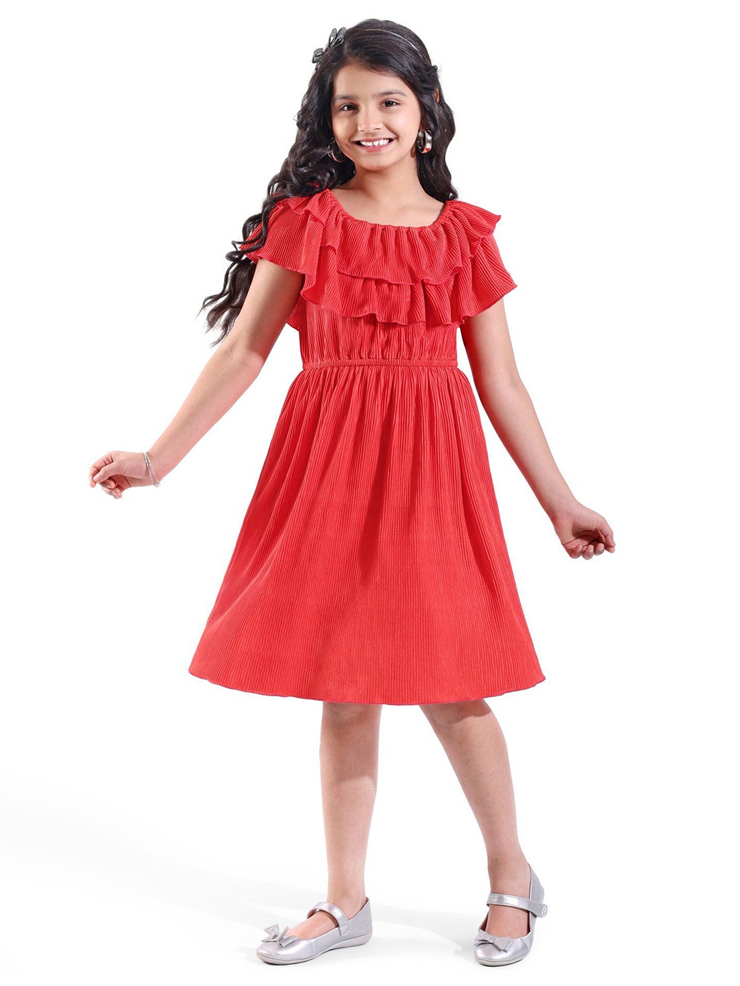 

Hola Bonita Kids-Girls Solid Flutter Sleeves Fit & Flare Dress, Red