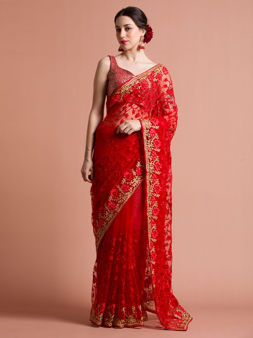 

Jaipur Kurti Floral Embroidered Net Party Wear Saree, Red