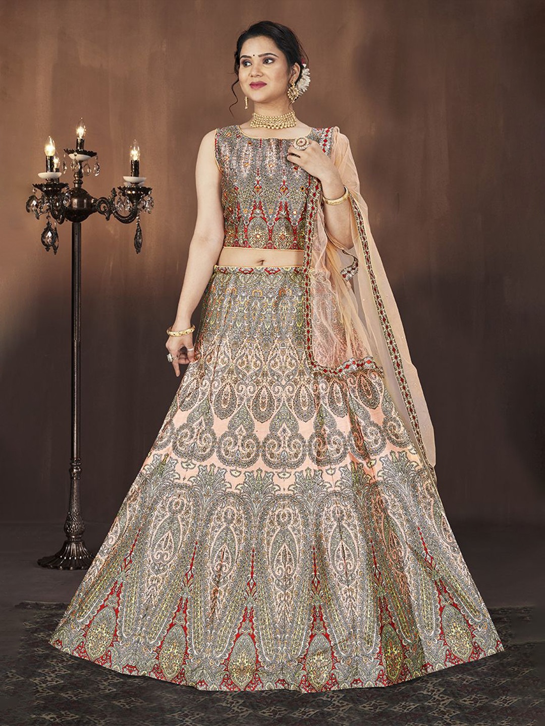 

Krimmple Printed Beads and Stones Ready To Wear Lehenga & Blouse With Dupatta, Peach