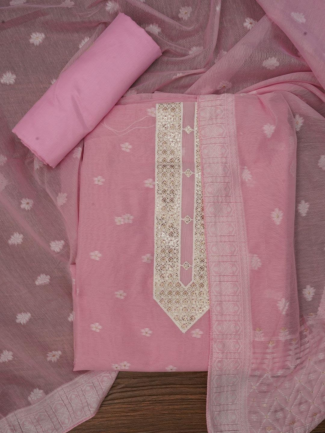 

Jaipur Kurti Zari Woven Cotton Blend Dress Material with Dupatta, Pink