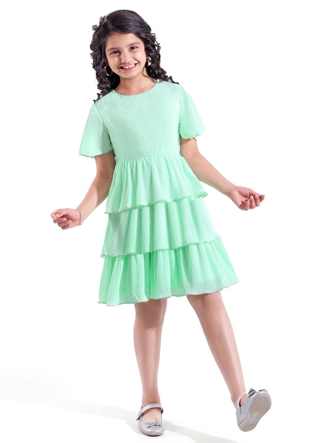 

Hola Bonita Girls Flared Sleeve Layered Fit & Flare Dress, Sea green