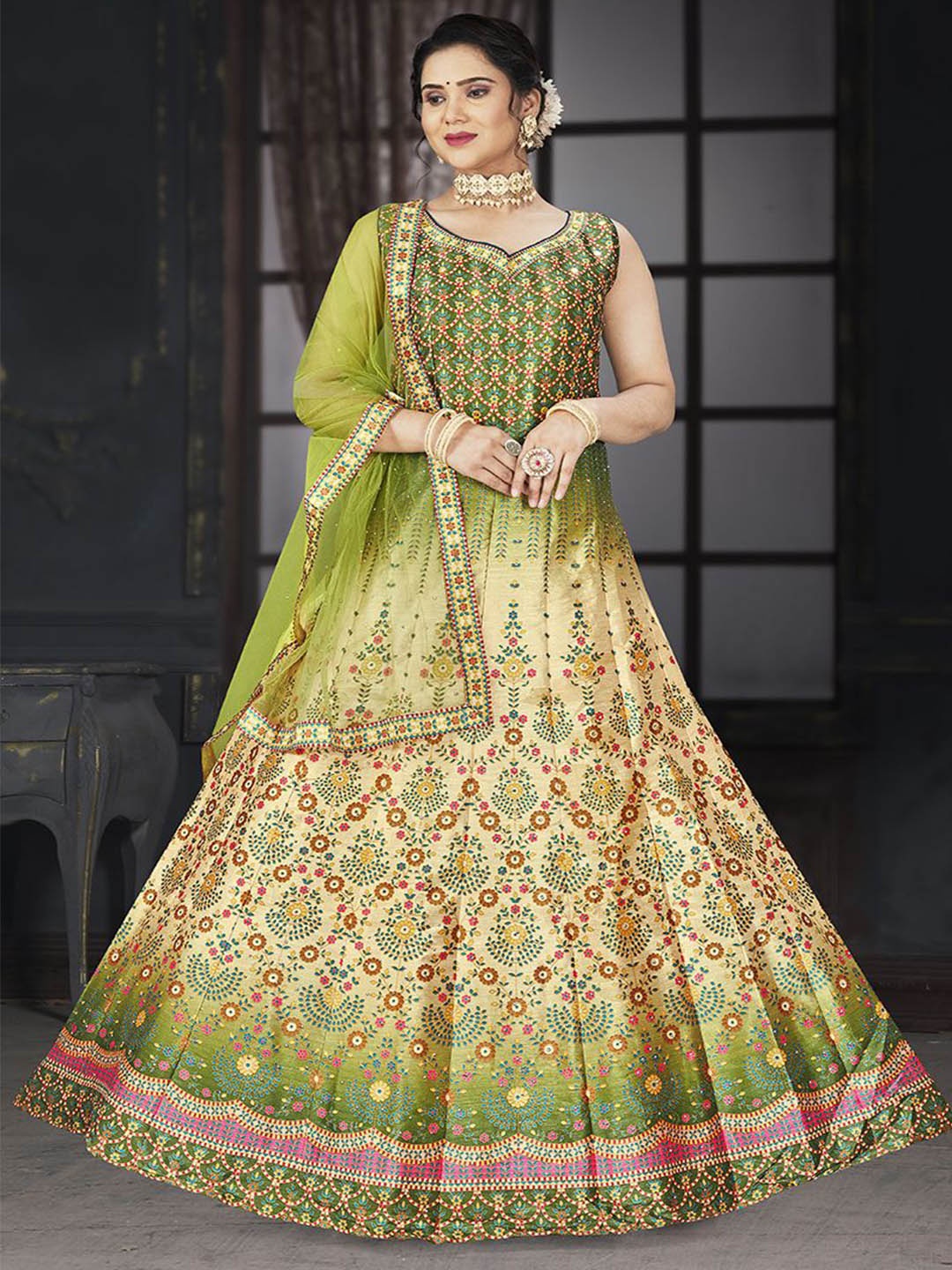 

Krimmple Printed Beads and Stones Ready to Wear Lehenga & Blouse With Dupatta, Yellow