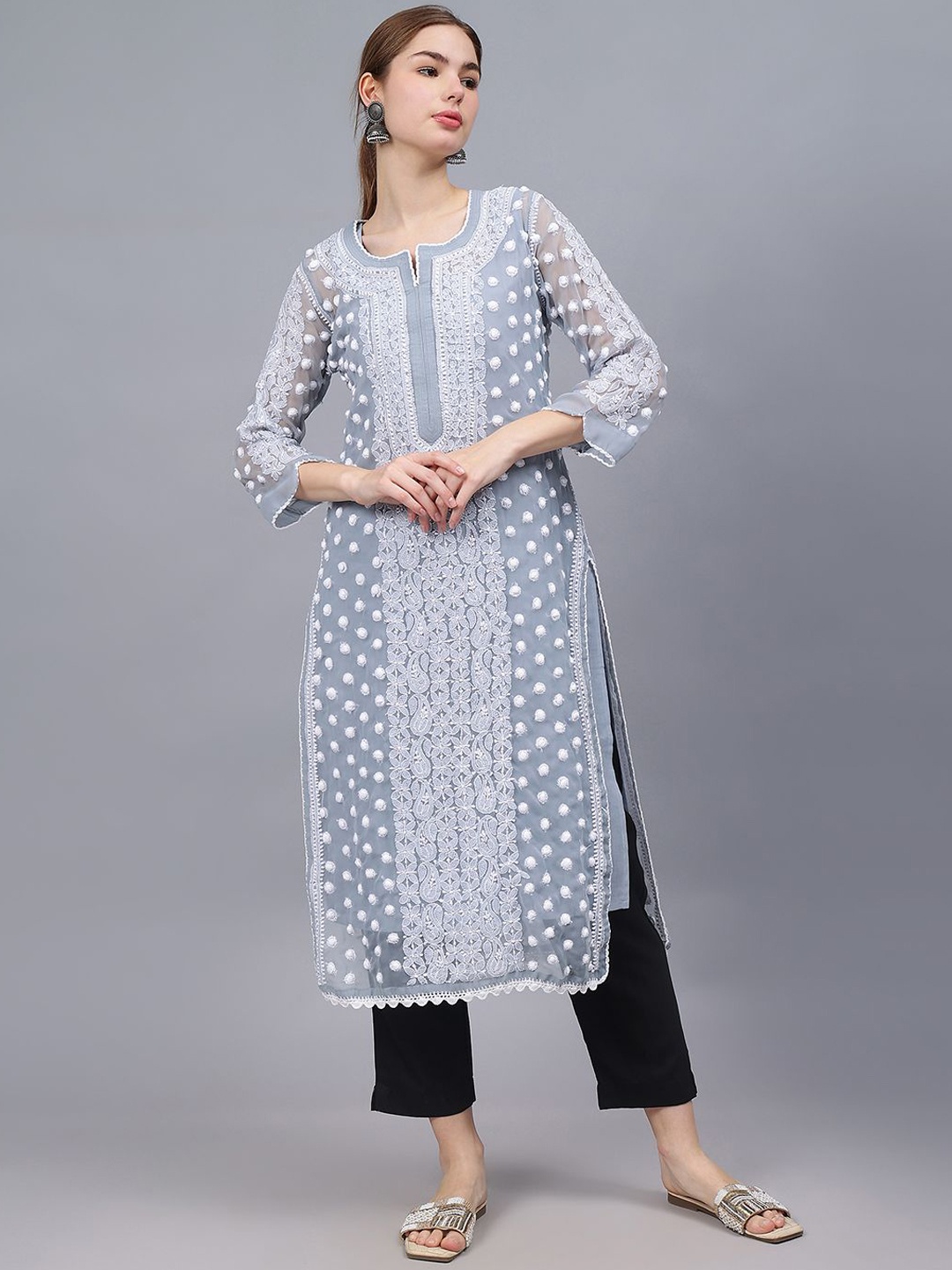 

Seva Chikan Ethnic Motifs Embroidered Chikankari Georgette Straight Kurta, Grey