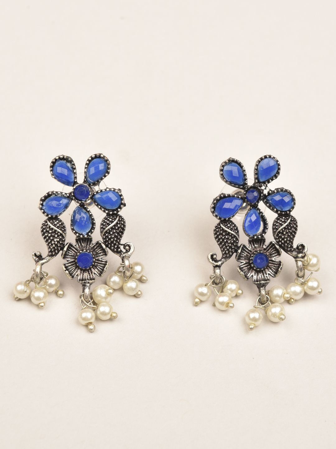 

Jaipur Folk Oxidised Silver-Plated Stones Studded & Beaded Floral Drop Earrings