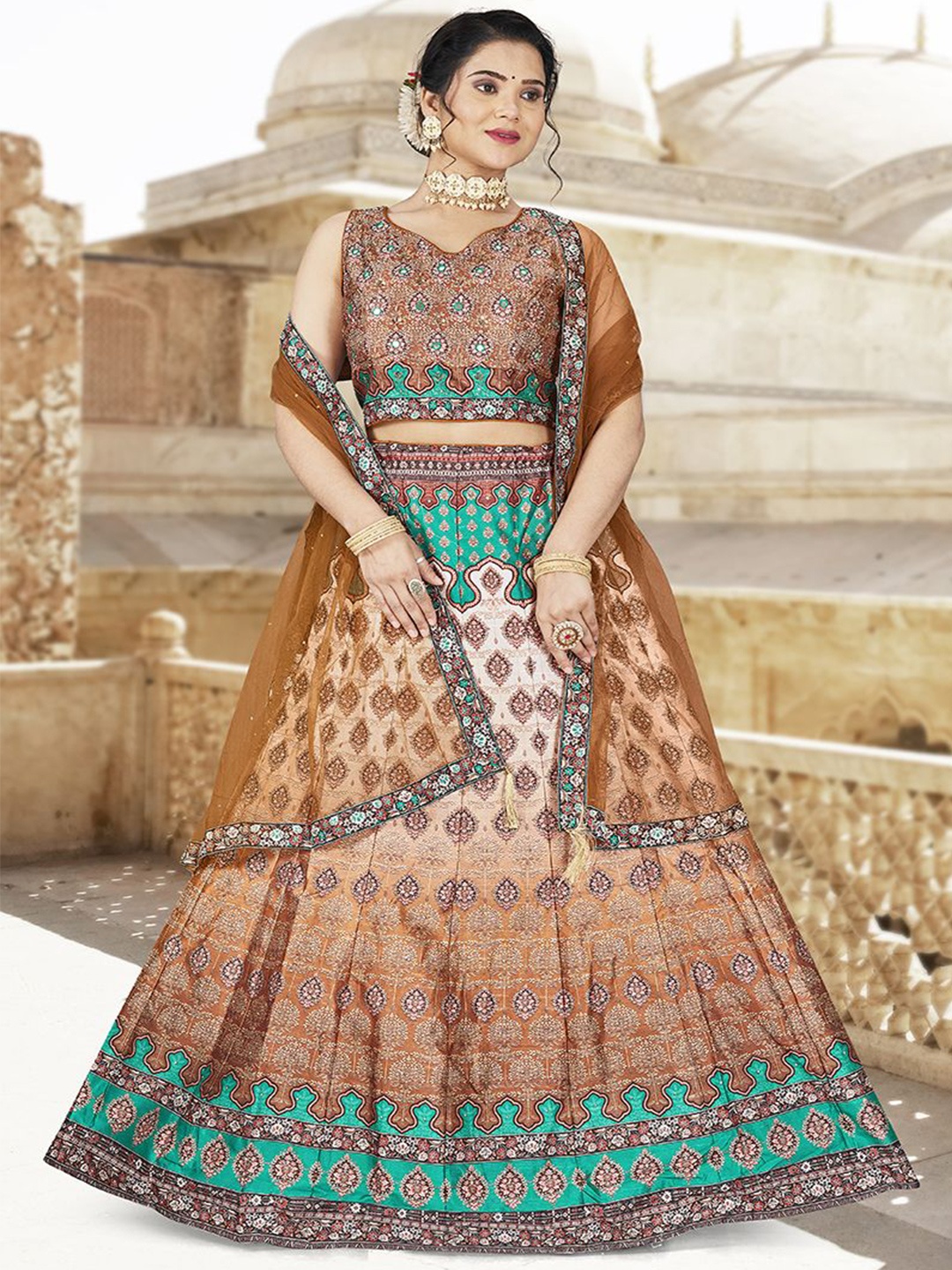 

Krimmple Printed Beads and Stones Ready to Wear Lehenga & Blouse With Dupatta, Brown