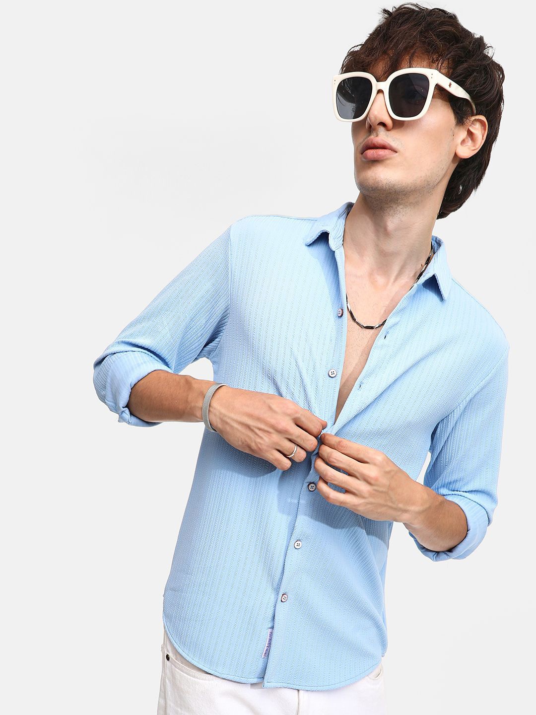 

Campus Sutra Men Comfort Spread Collar Textured Casual Shirt, Blue