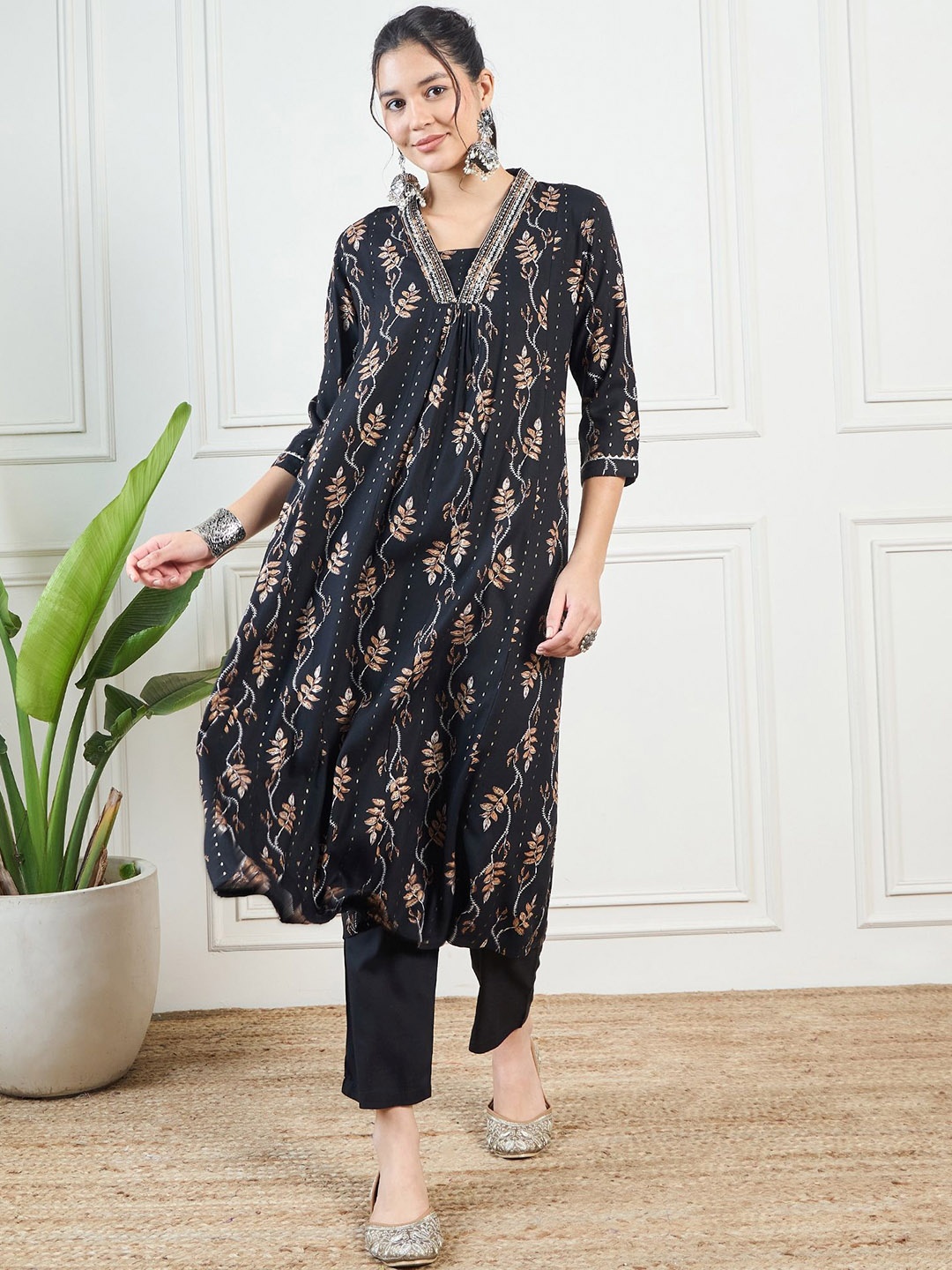 

KALINI Floral Printed Mirror Work A-Line Kurta With Palazzos & Dupatta, Black