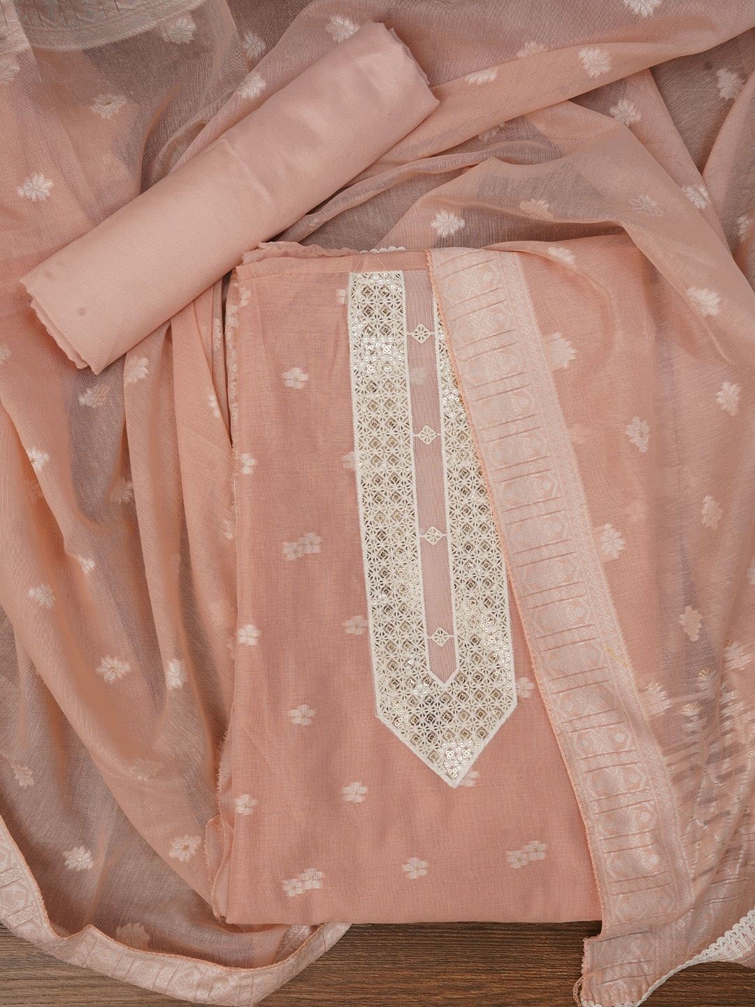 

Jaipur Kurti Zari Woven Cotton Blend Dress Material with Dupatta, Peach