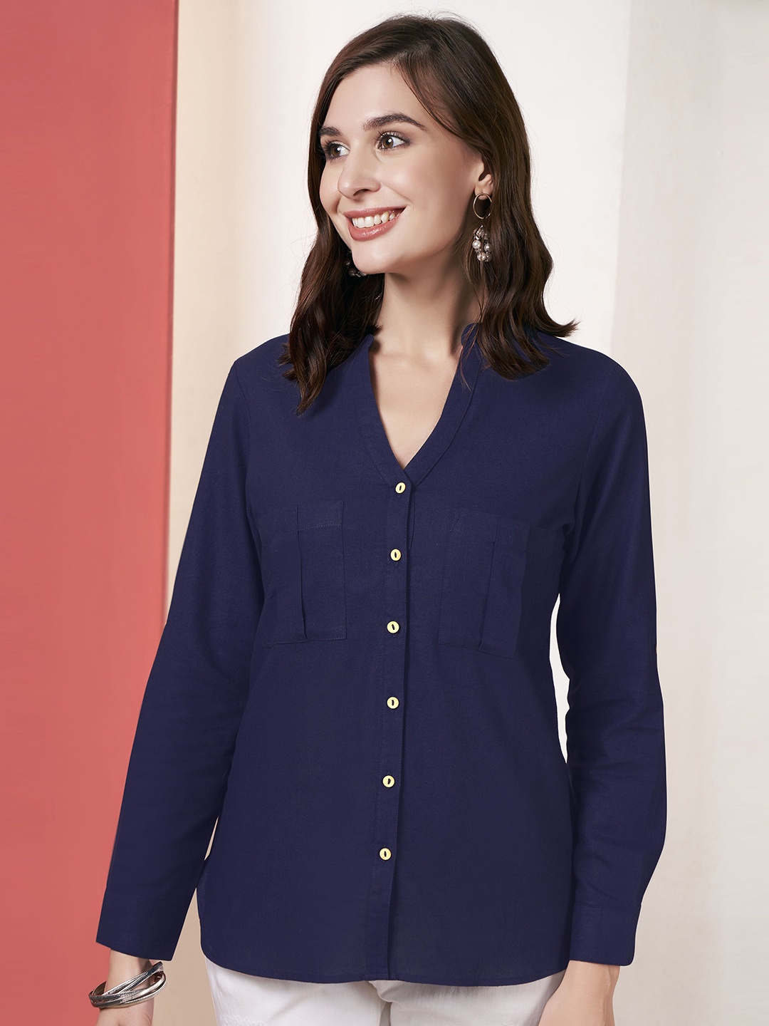 

Anouk Mandarin Collar Roll-Up Sleeves Cotton Shirt Style Top, Navy blue