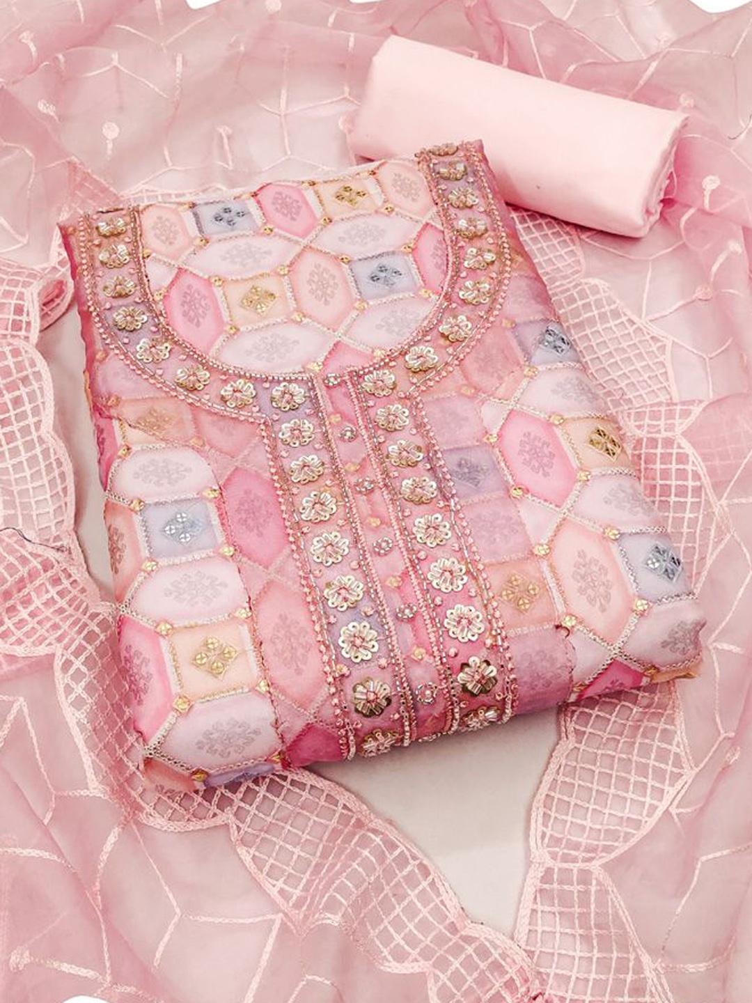

ASISA Embroidered Organza Unstitched Dress Material, Pink