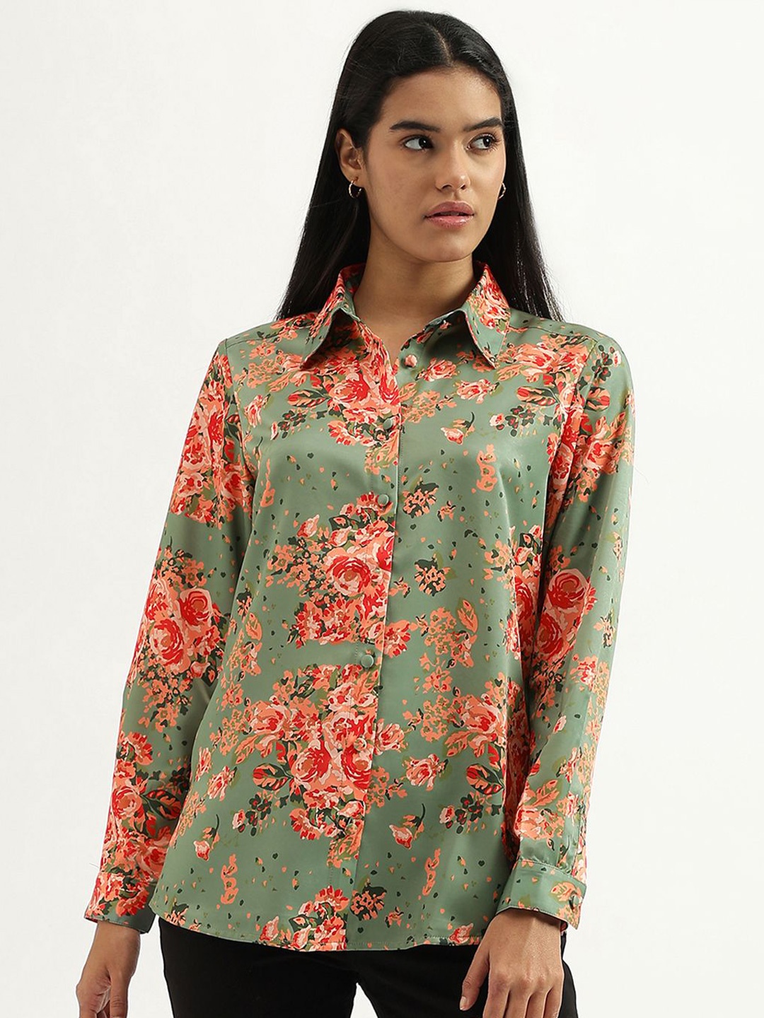 

United Colors of Benetton Women Classic Spread Collar Floral Printed Casual Shirt, Green
