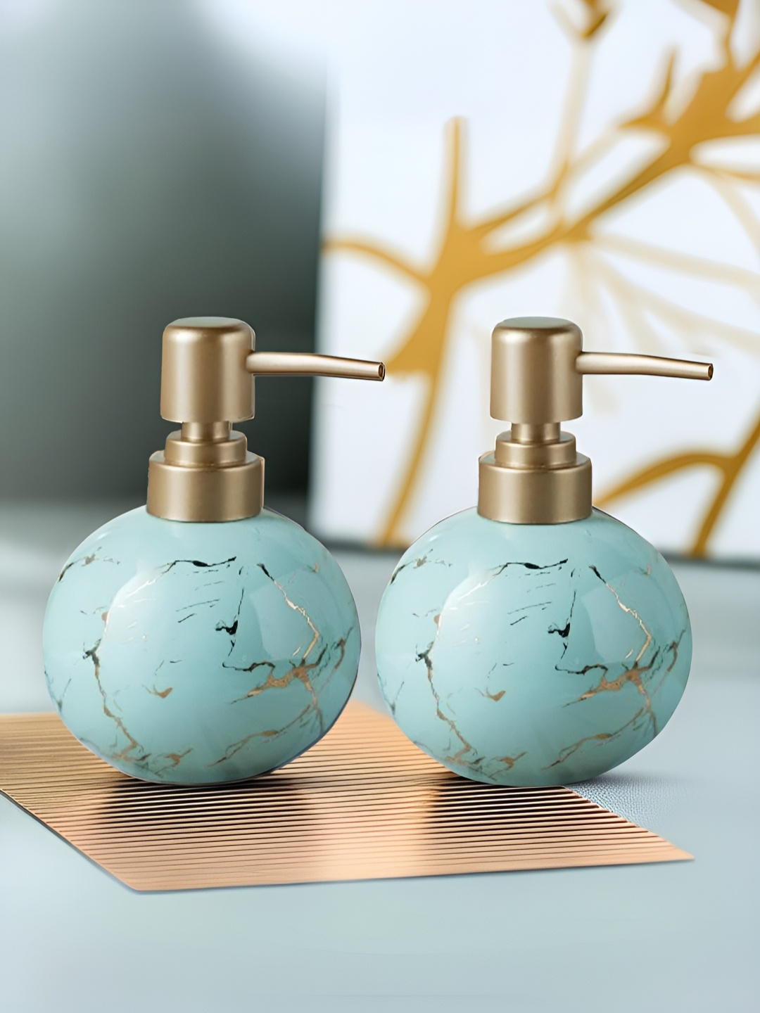 

UMAI Blue & Gold-Toned 2 Piece Abstract Ceramic Soap Dispenser