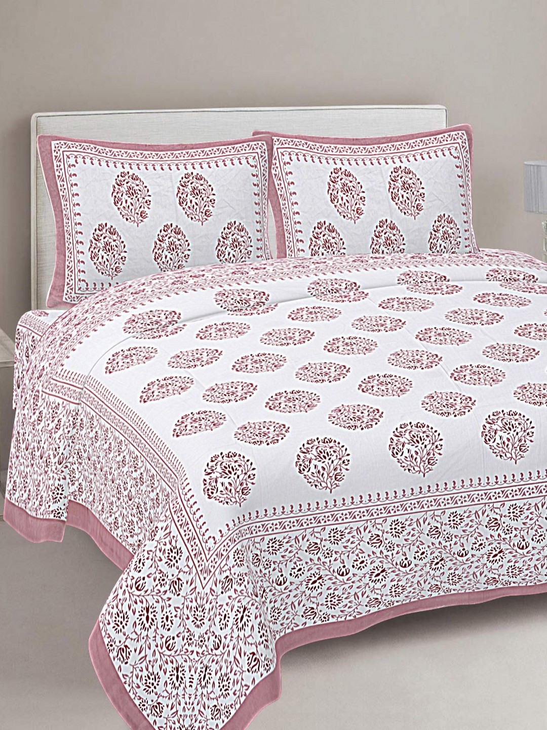 

FrionKandy Living Mauve & White Printed Cotton 180 TC King Bedsheet With 2 Pillow Covers
