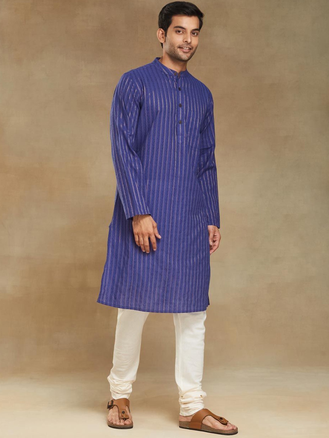 

Fabindia Striped Band Collar Straight Kurta, Blue