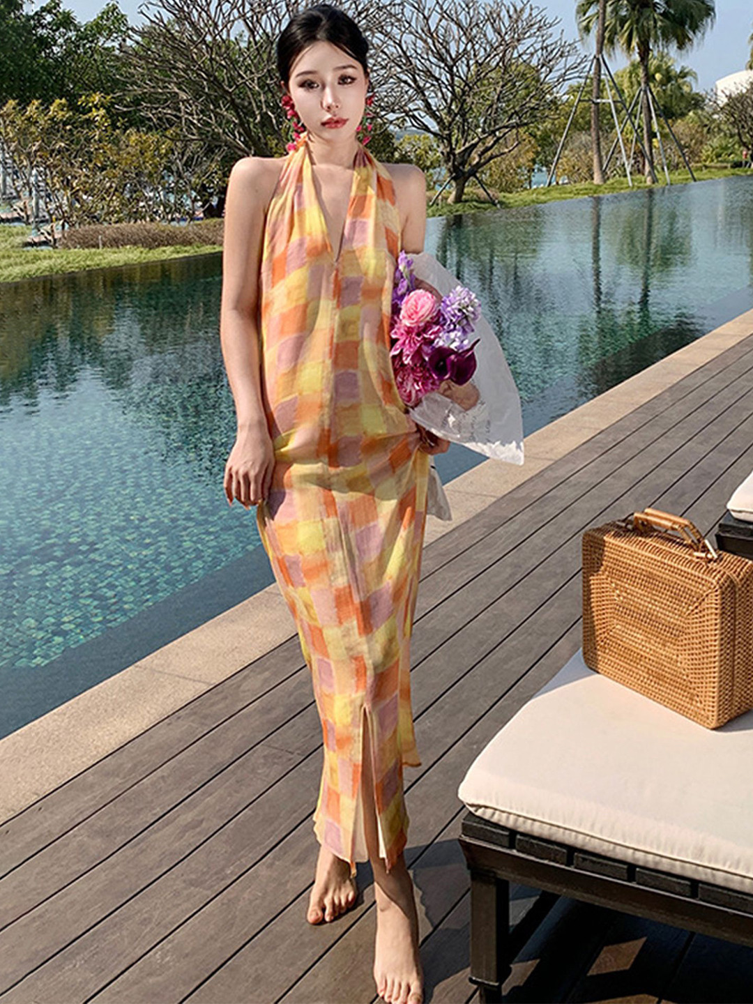 

LULU & SKY Women Floral Printed Halter Neck Maxi Dress, Yellow