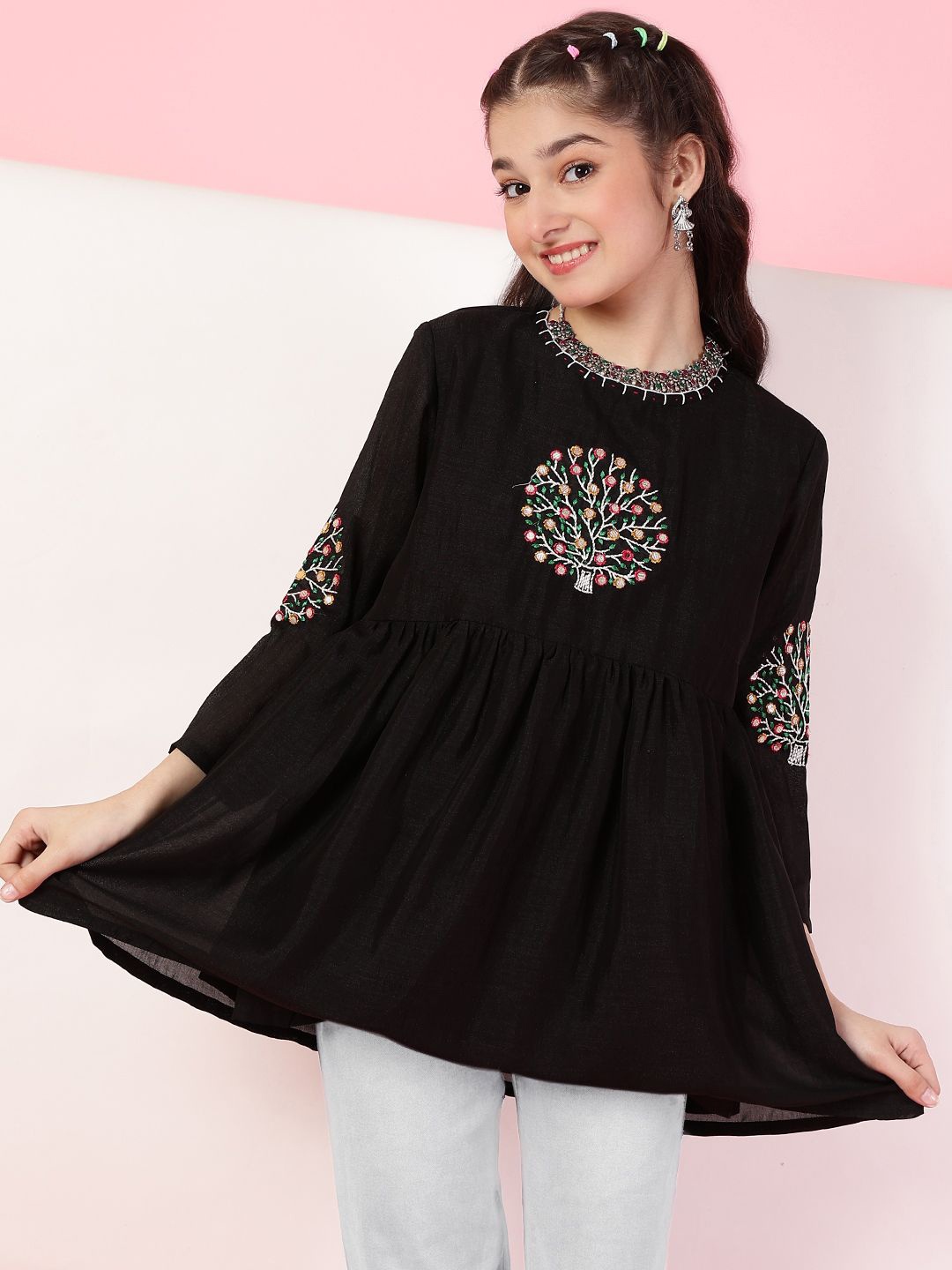 

BAESD Floral Embroidered Pure Silk Top, Black