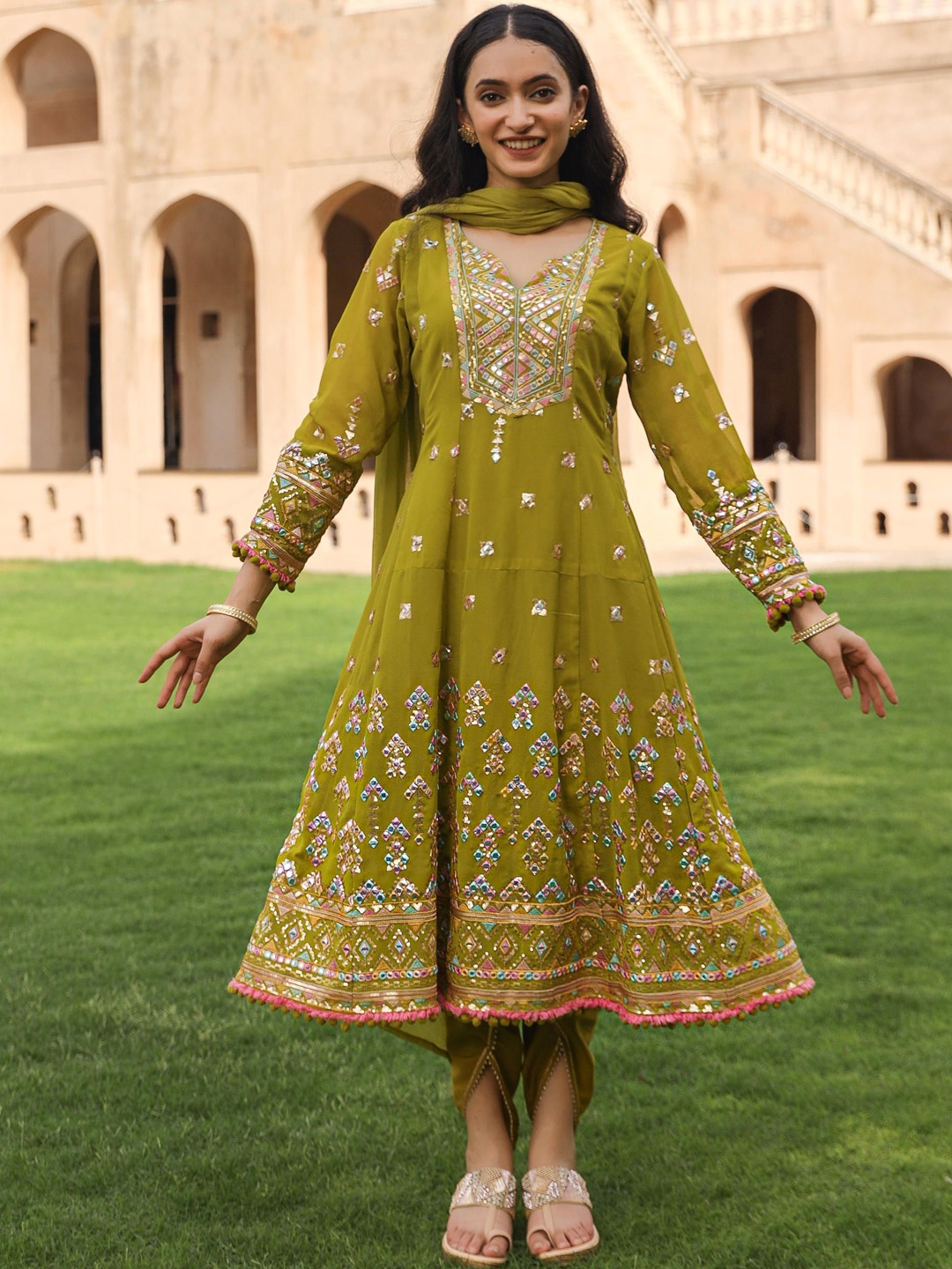 

Juniper Floral Embroidered Notch Neck Georgette A-Line Kurta With Dhoti Pants & Dupatta, Green