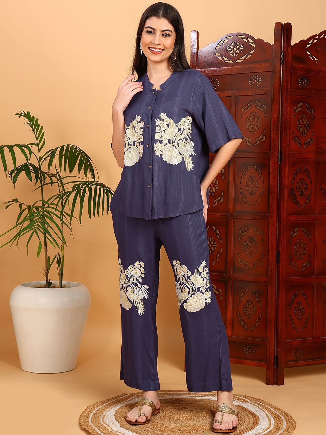 

FUBAR Floral Embroidered Mandarin Collar Shirt With Trousers, Blue