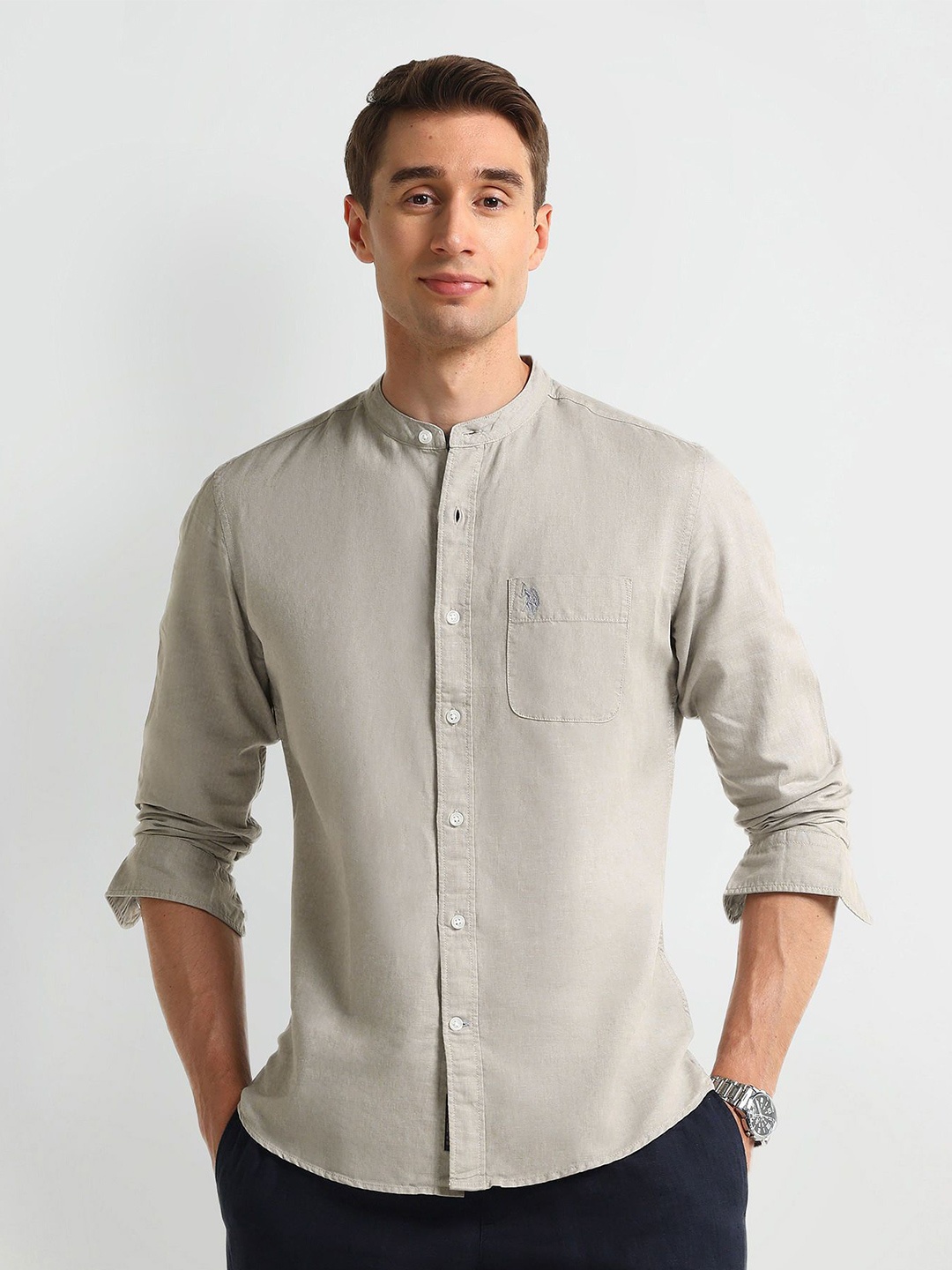 

U.S. Polo Assn. Denim Co. Men Modern Band Collar Solid Slim Fit Casual Shirt, Beige