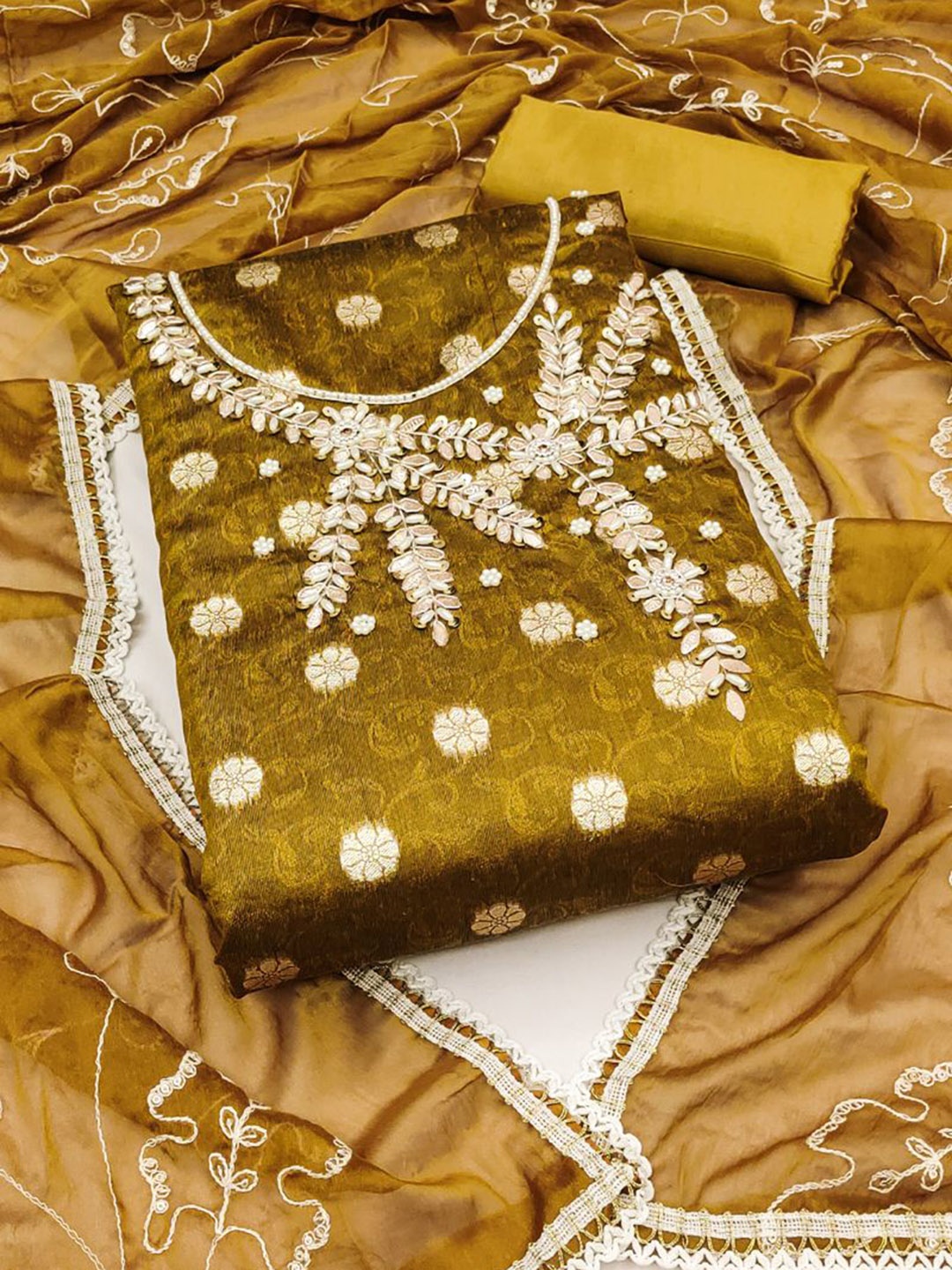 

ASISA Floral Woven Design Beads and Stones Unstitched Dress Material, Mustard