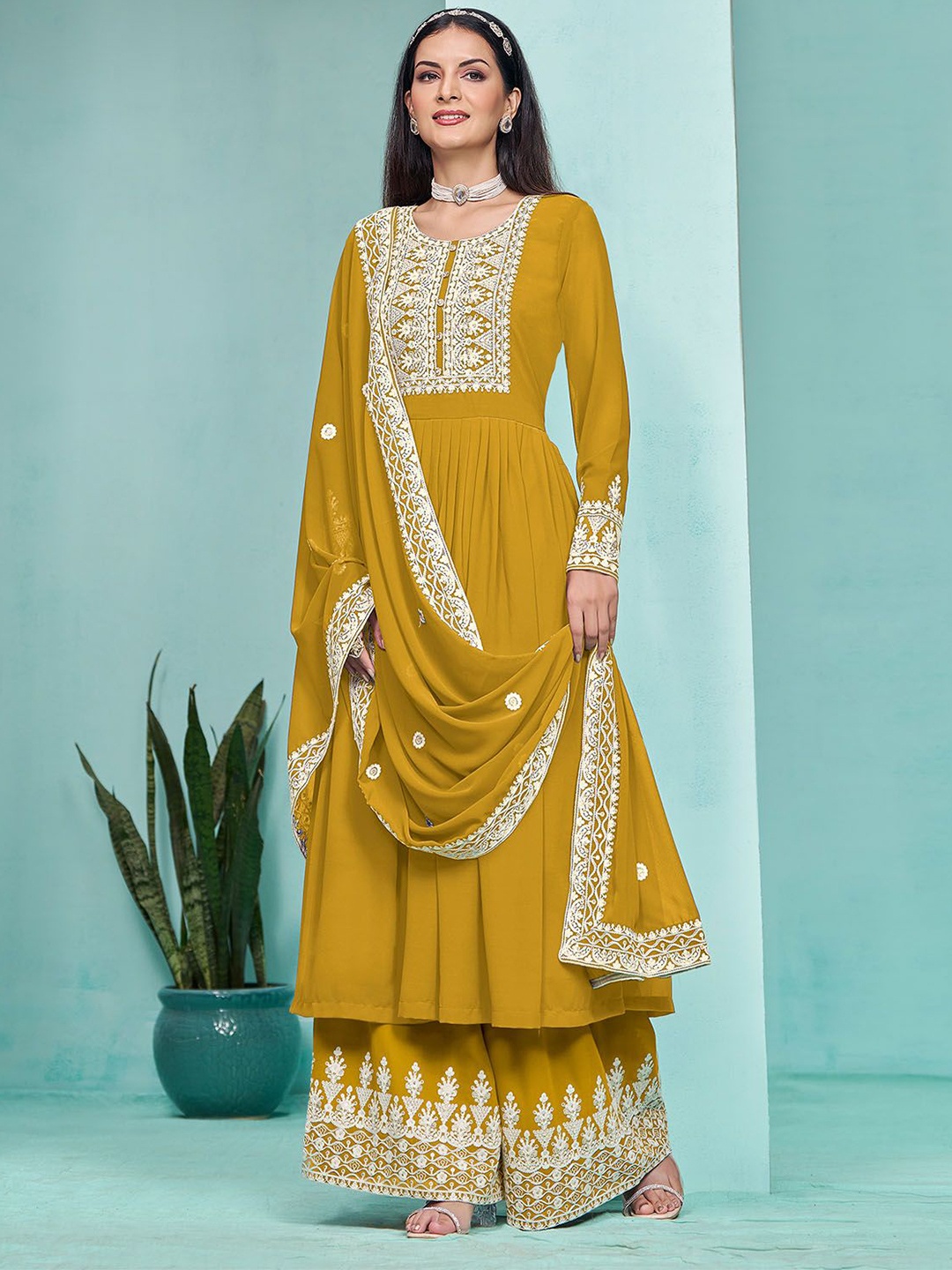 

ODETTE Floral Embroidered Semi Stitched Dress Material, Yellow