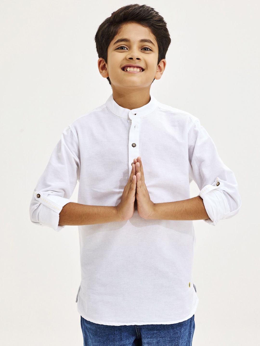 

NO MONDAYS Boys Relaxed Band Collar Solid Cotton Casual Shirt, White